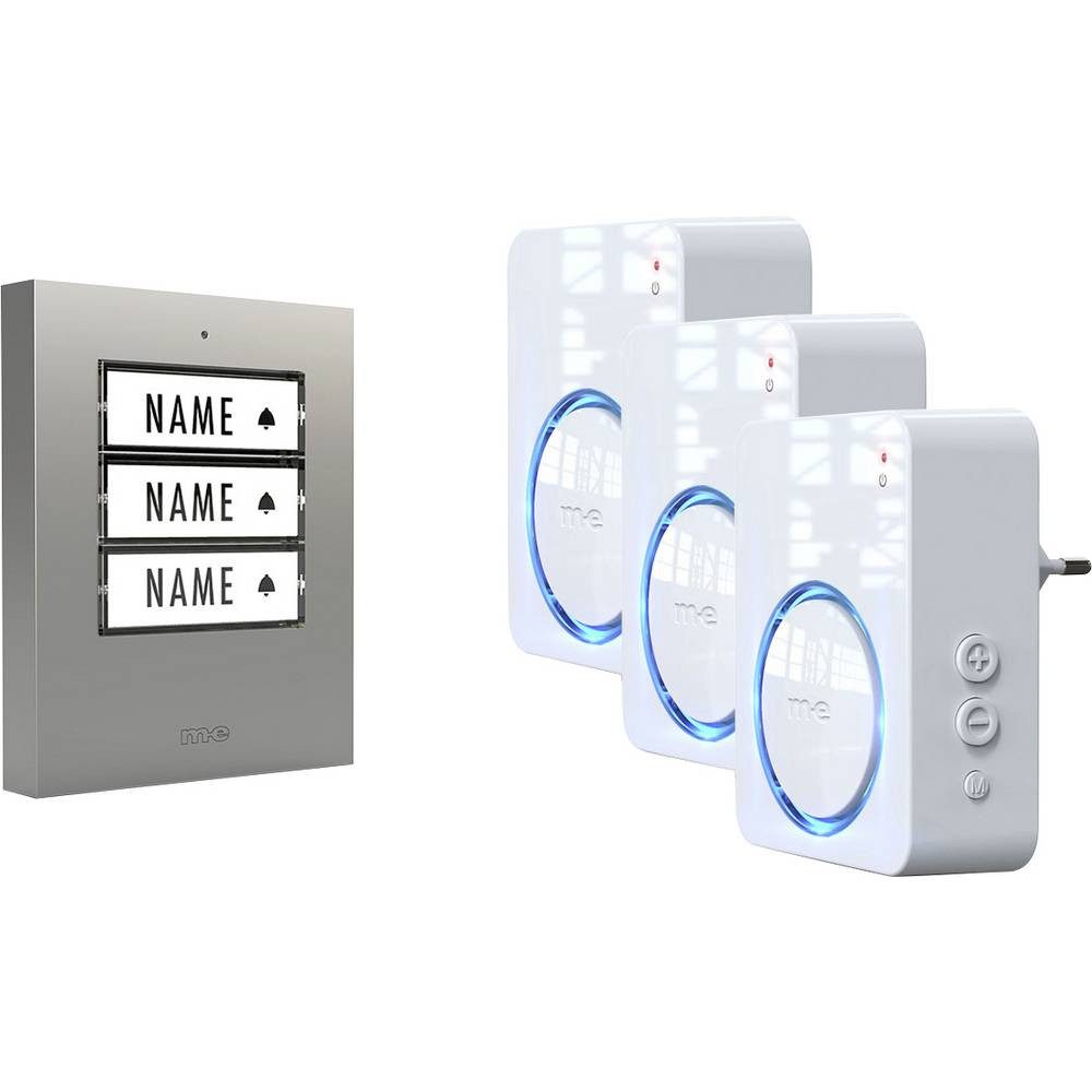 m-e Smart Home Türklingel Funkklingel Komplett-Set beleuchtet, klangaktiv, mit Bewegungsmelder, (beleuchtet, klangaktiv, mit Bewegungsmelder, mit Namensschild)