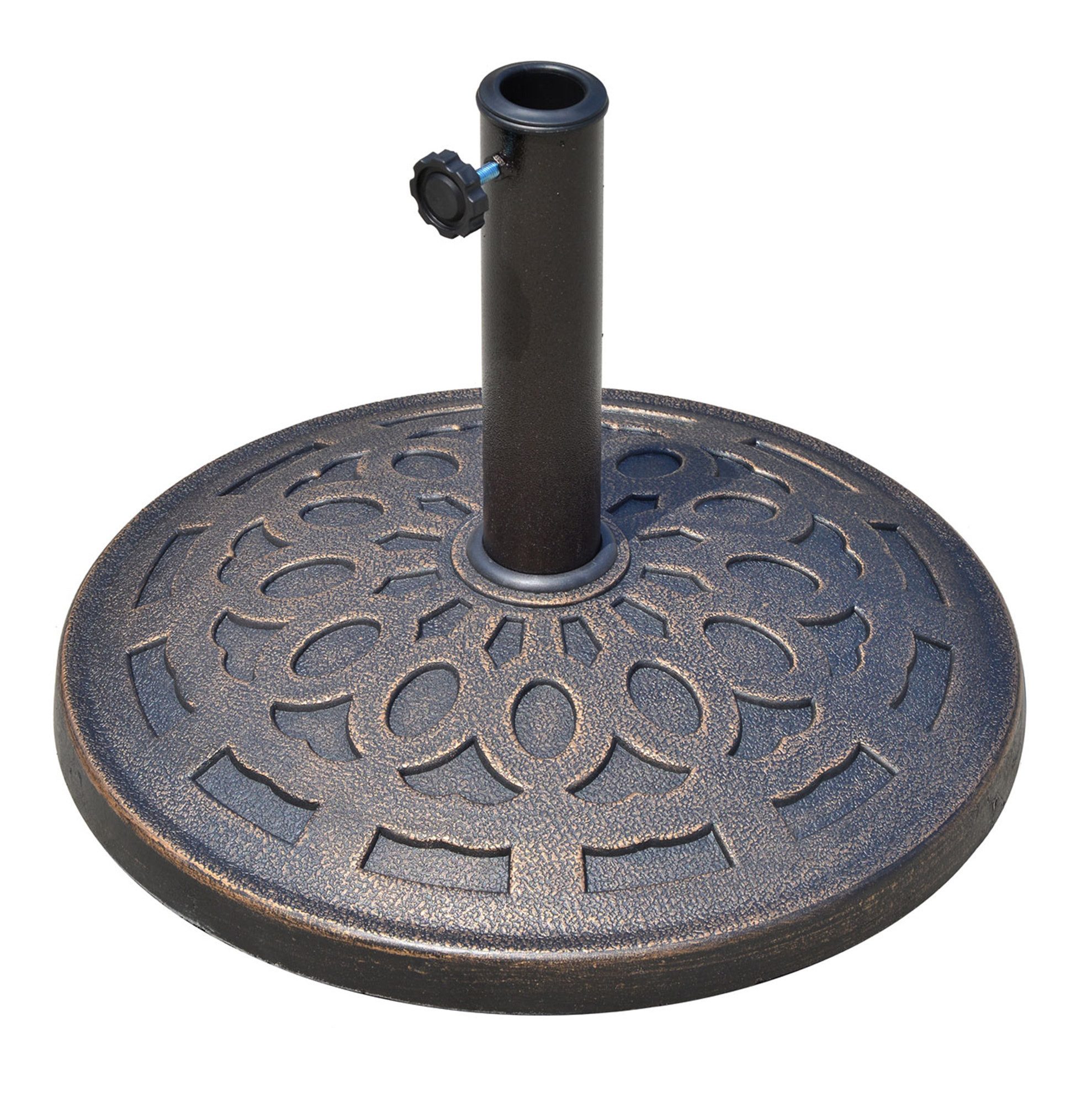 OKWISH Schirmständer Sonnenschirmständer rund 14 kg Harz Bronze Ø48,5 x H34 cm Schirmfuß (1 St., Schirmhalter aus Kunstharz wetterbeständig für Terrasse Balkon), Sonnenschirmfuß für Ø38/48 mm Schirme stabiler Stand Garten