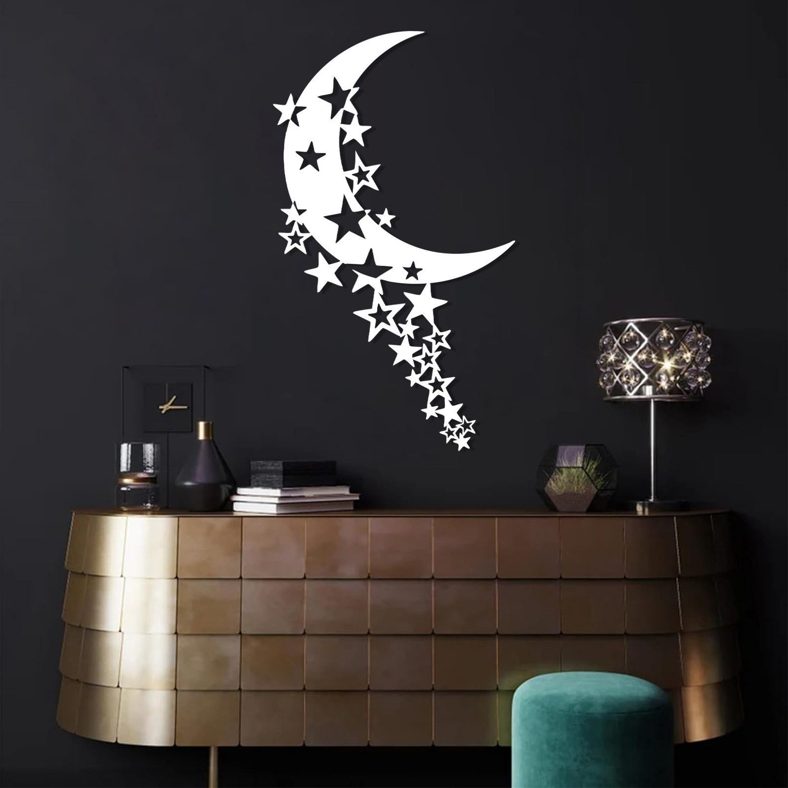 Jumpeak Wanddekoobjekt Mond- und Stern-Metall-Kunstwanddekoration, Abstrakter Mond, Fantasie, Romantischer Stil, Metalldekoration, vier Farben, Sechs Größen