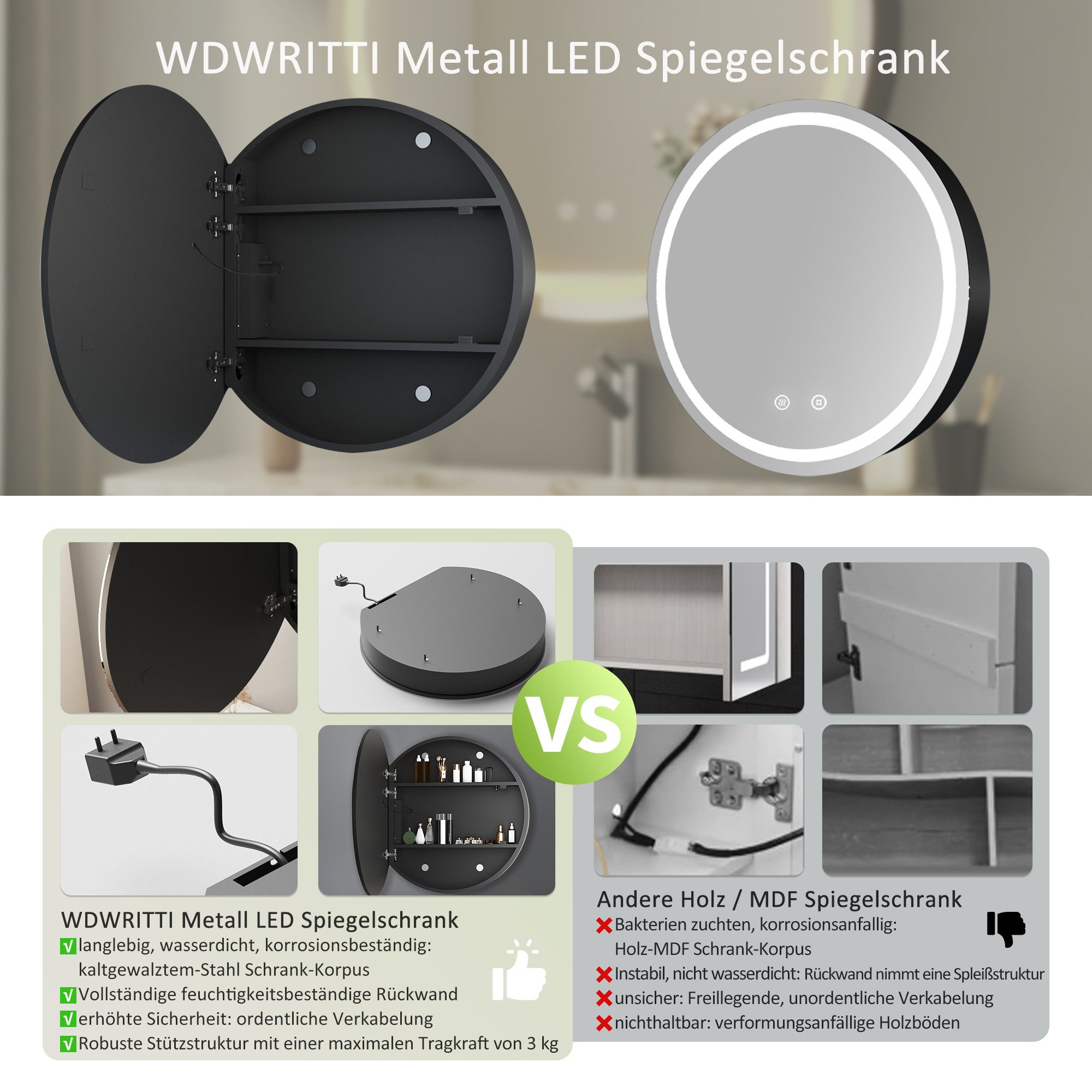 WDWRITTI Spiegelschrank Bad mit Beleuchtung Badezimmerspiegelschrank mit LED ∅80cm, ∅60cm (Wandschrank Badezimmer Rund 60x60cm 80x80cm, 3Lichtfarben, Dimmbar, Anti-fog, Speicherfunktion) Metall Schrank, Stahlblechregale, mit Netzadapter, IP44