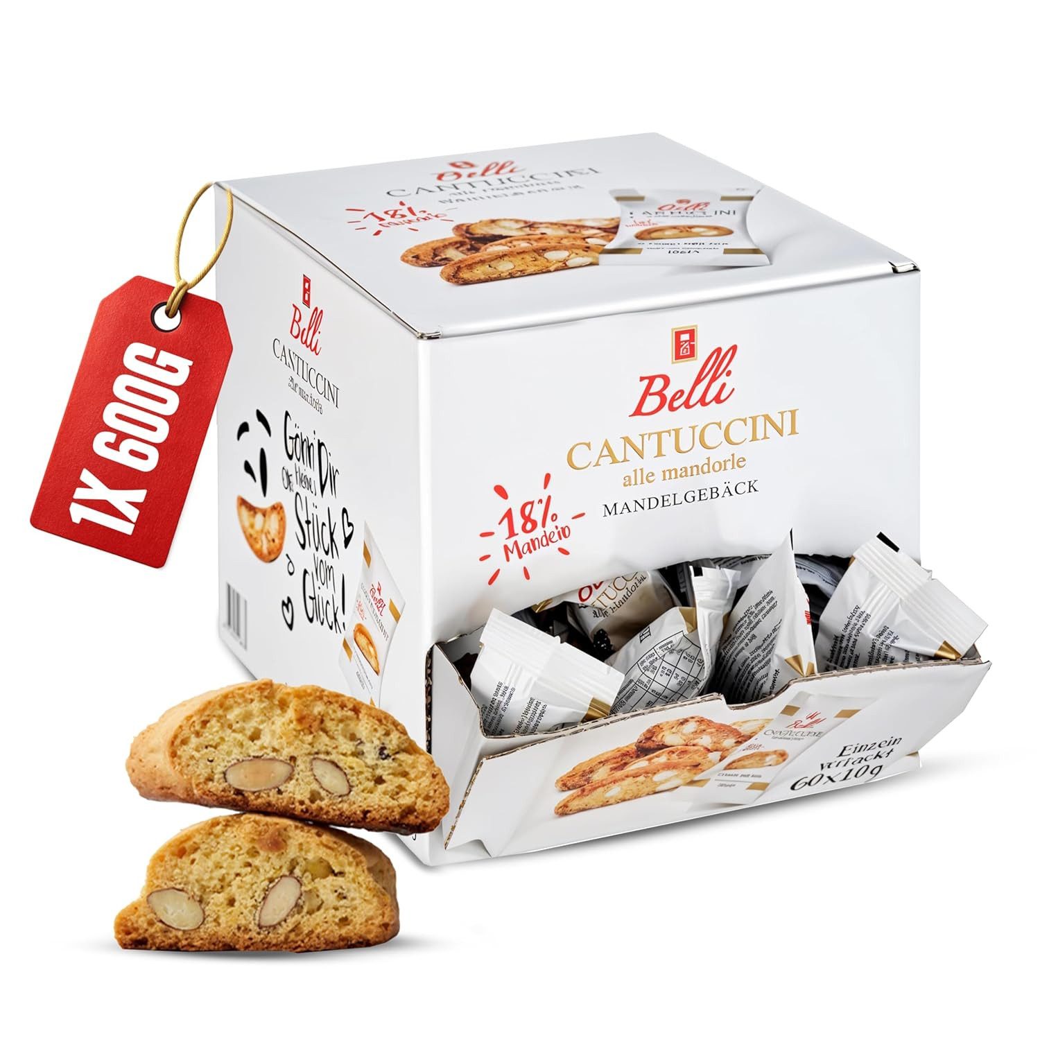 Belli Cantuccini Kekse Mandelgebäck 600G [DOPPELT GEBACKEN] mit 18% Mandel-Anteil