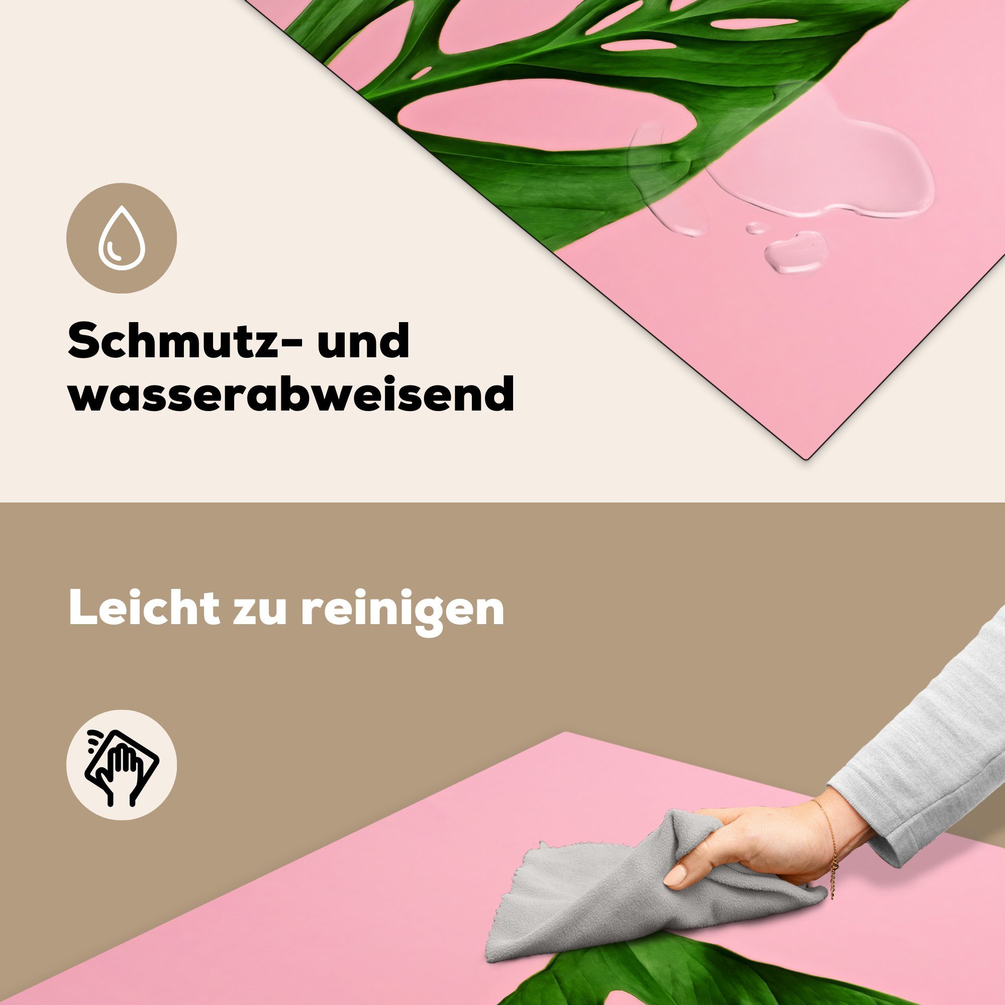 MuchoWow Herdblende-/Abdeckplatte Botanisches Blatt auf Arbeitsplatte tlg), rosa für Hintergrund, (1 cm, küche Vinyl, Ceranfeldabdeckung, 78x78