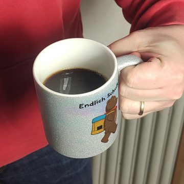 speecheese Tasse Endlich Schulkind Bär Glitzer-Kaffeebecher für die Einschulung