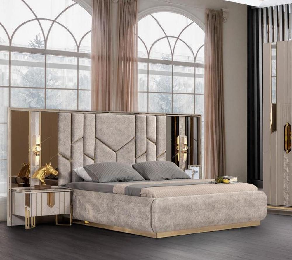Schlafzimmer-Set Schlafzimmer Doppelbett Garnitur Bett Nachttische Beige Luxus