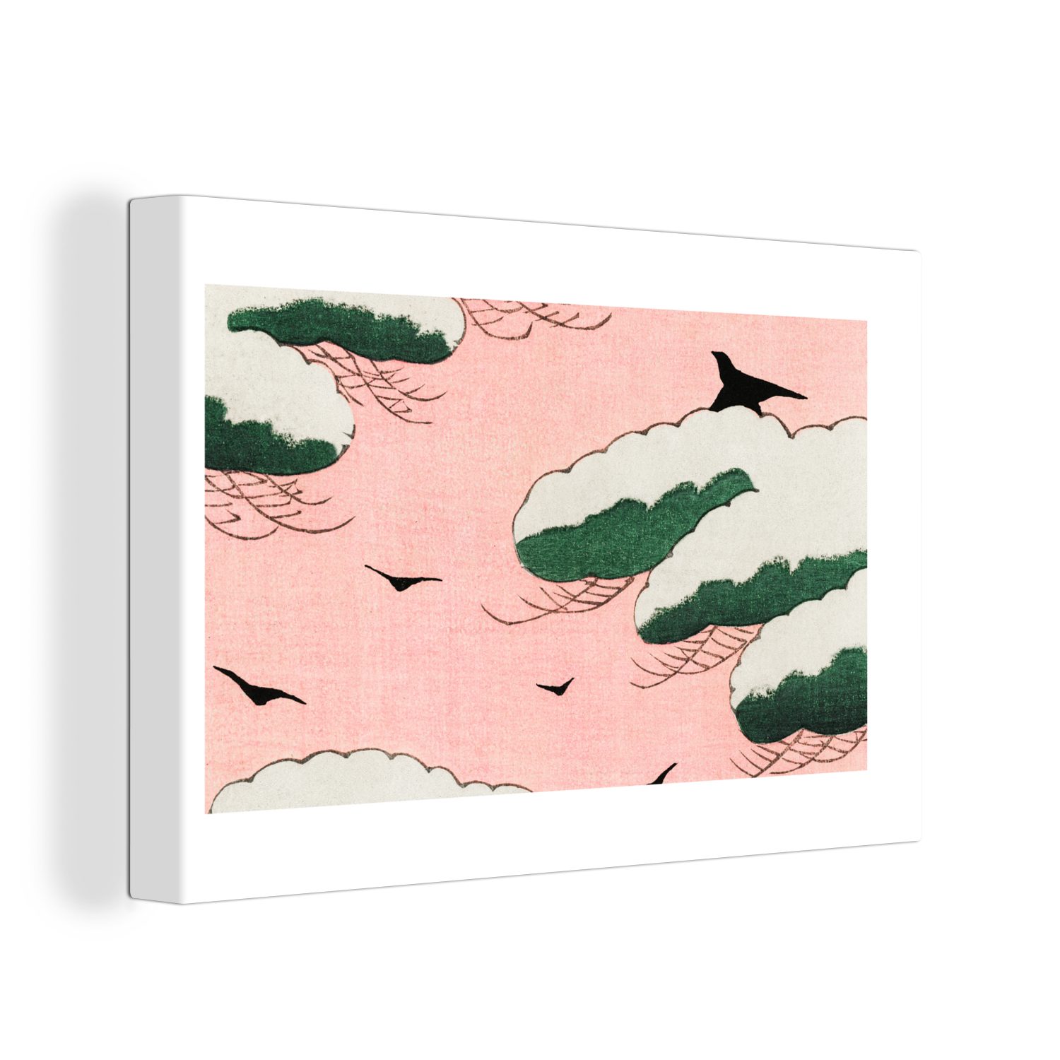OneMillionCanvasses® Leinwandbild Wolken - Vogel - Retro - Japanisch - Skandinavisch, (1 St), Wandbild Leinwandbilder, Aufhängefertig, Wanddeko, 30x20 cm