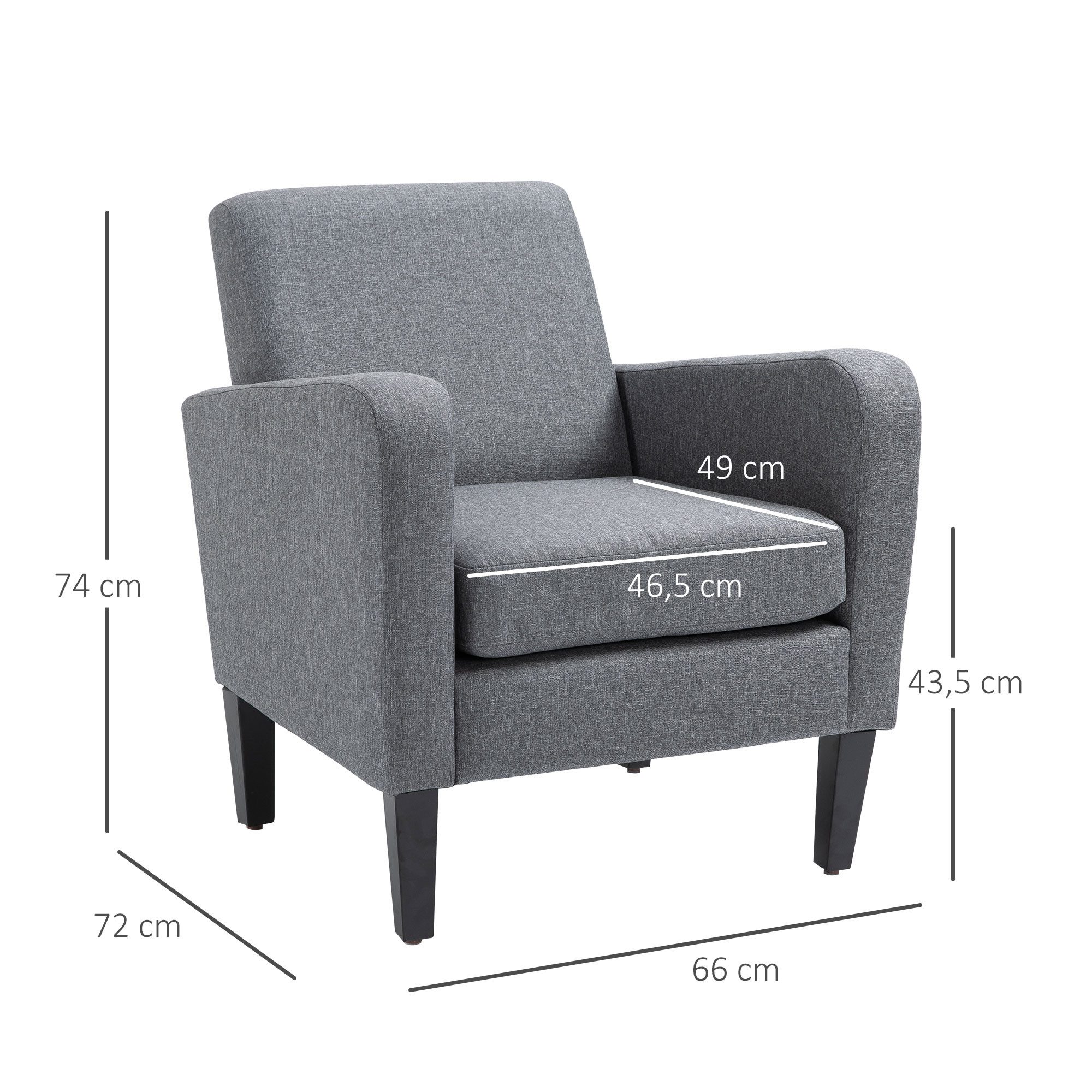 HOMCOM Sessel Loungesessel mit Armlehnen, Relaxsessel mit Kissen (Polstersessel, 1-St., Einzelsessel), Leinenstoff Hellgrau 66 x 72 x 74 cm – Bild 3 von 5