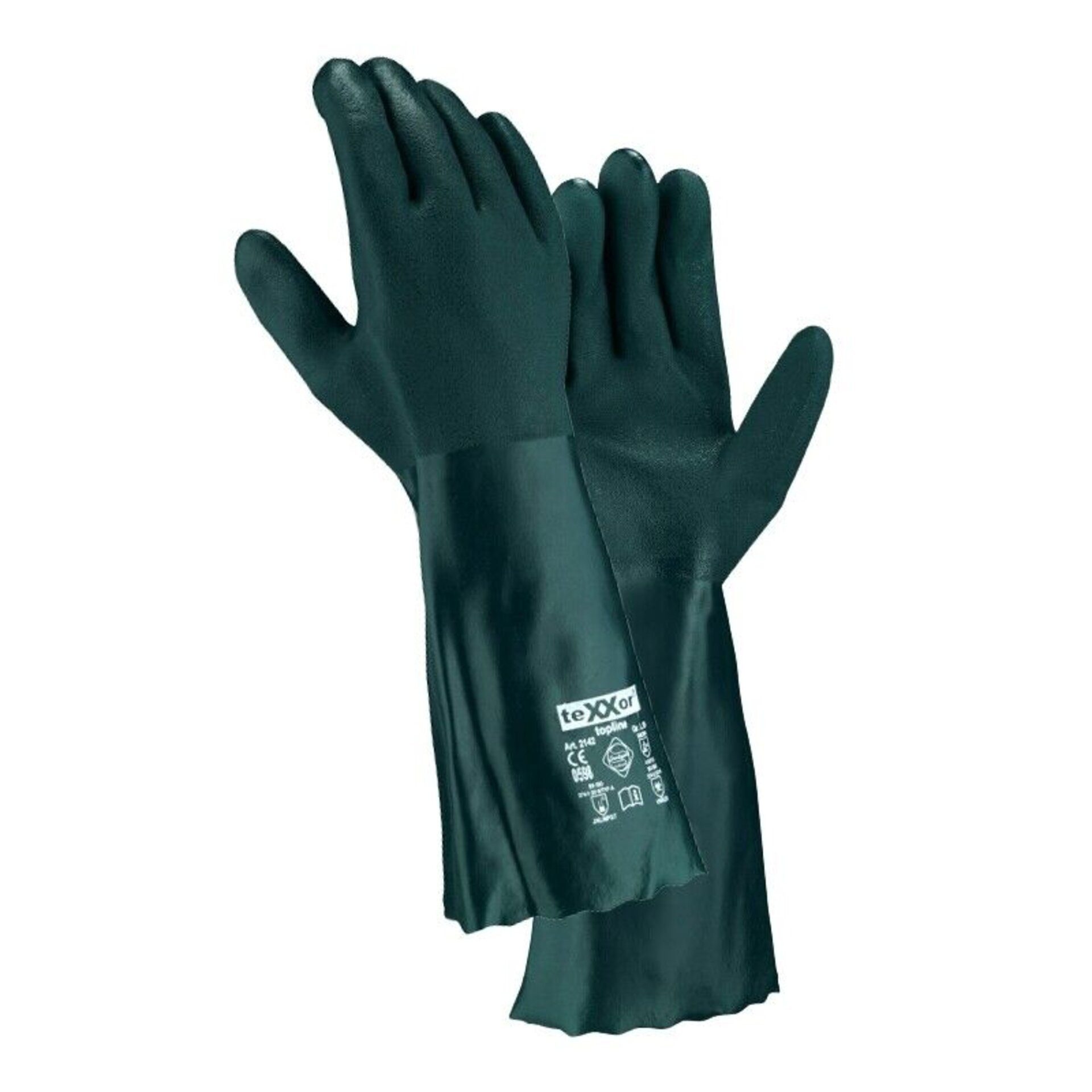 teXXor Chemikalien-Schutzhandschuhe Topline Chemikalienschutz-Handschuhe Pvc 40 cm 2142 (Packung, 12-St., VPE= 12-60 Paar, Gr 8-10) Chemiebeständig/ Stulpe
