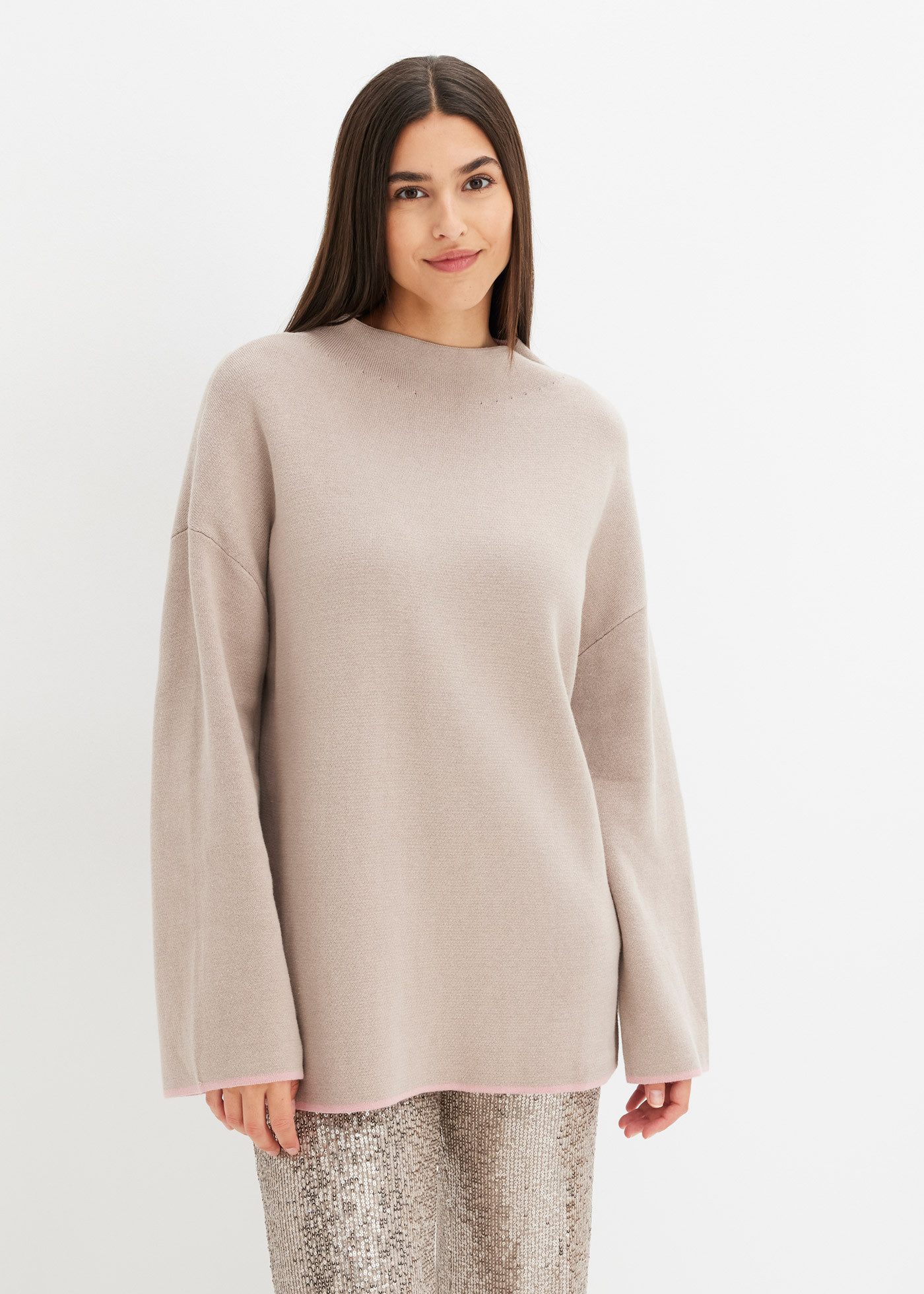 bonprix Strickpullover aus Feinstrick, mit Stehkragen, Wende-Pullover, Oversize-Passform