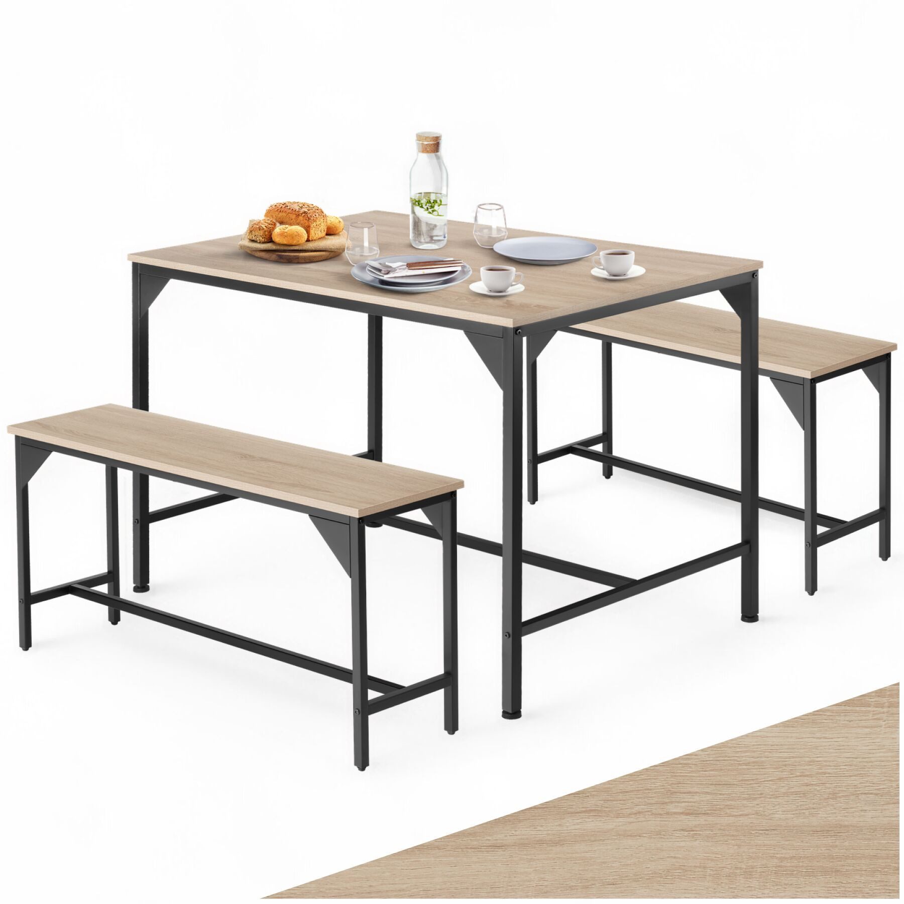 tectake Sitzgruppe Essgruppe 3-teilig, mit höhenverstellbaren Kunststofffüßen, (Loungeset Bolton, 3-tlg., in Industrial Holz hell, Eiche Sonoma), Esstisch mit 2 Sitzbänken, Industrial Style, Holz und Stahl