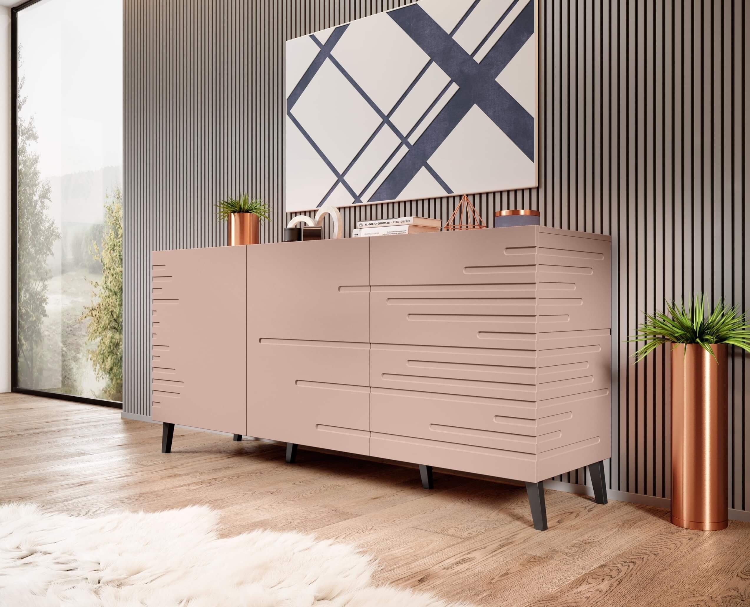 Furnix Sideboard NEVILLA Kommode mit drei Flügeltüren und Zierfüßen, B155x H72 x T38 cm Rosa matt