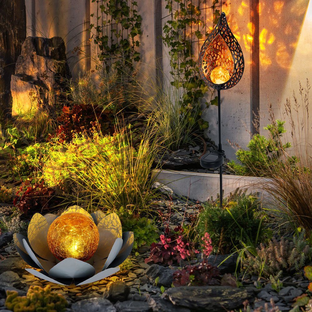 GLOBO LIGHTING LED Solarleuchte, LED-Leuchtmittel fest verbaut, Warmweiß, Solarleuchte Lotusblume Solarlampe orientalisch Flamme Steckleuchte 2x
