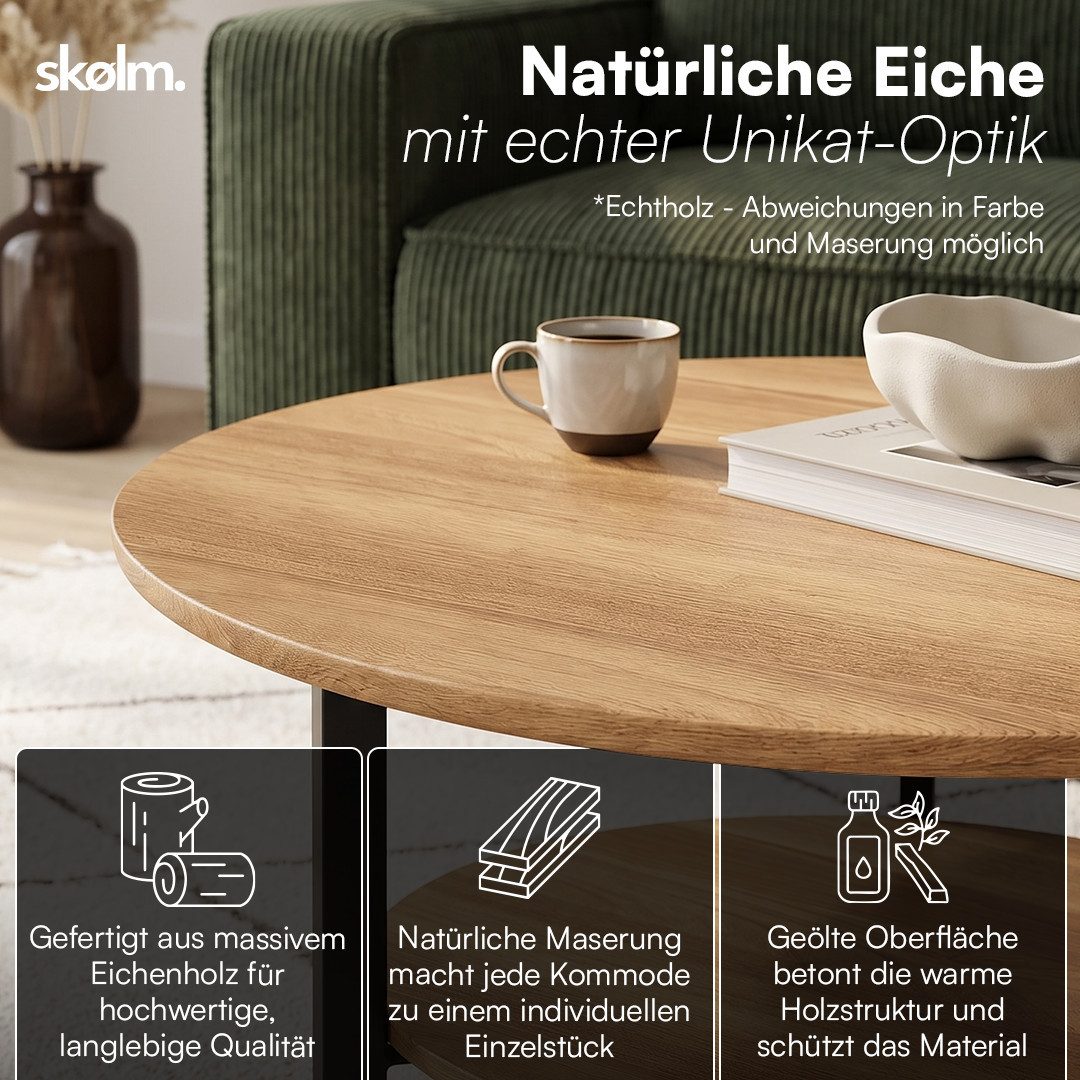 skølm Couchtisch Drakkar aus Massivholz Eiche, Tisch mit Metallgestell (Natur), Wohnzimmertisch Ø70 cm mit 2 Ablageflächen – Bild 3 von 5