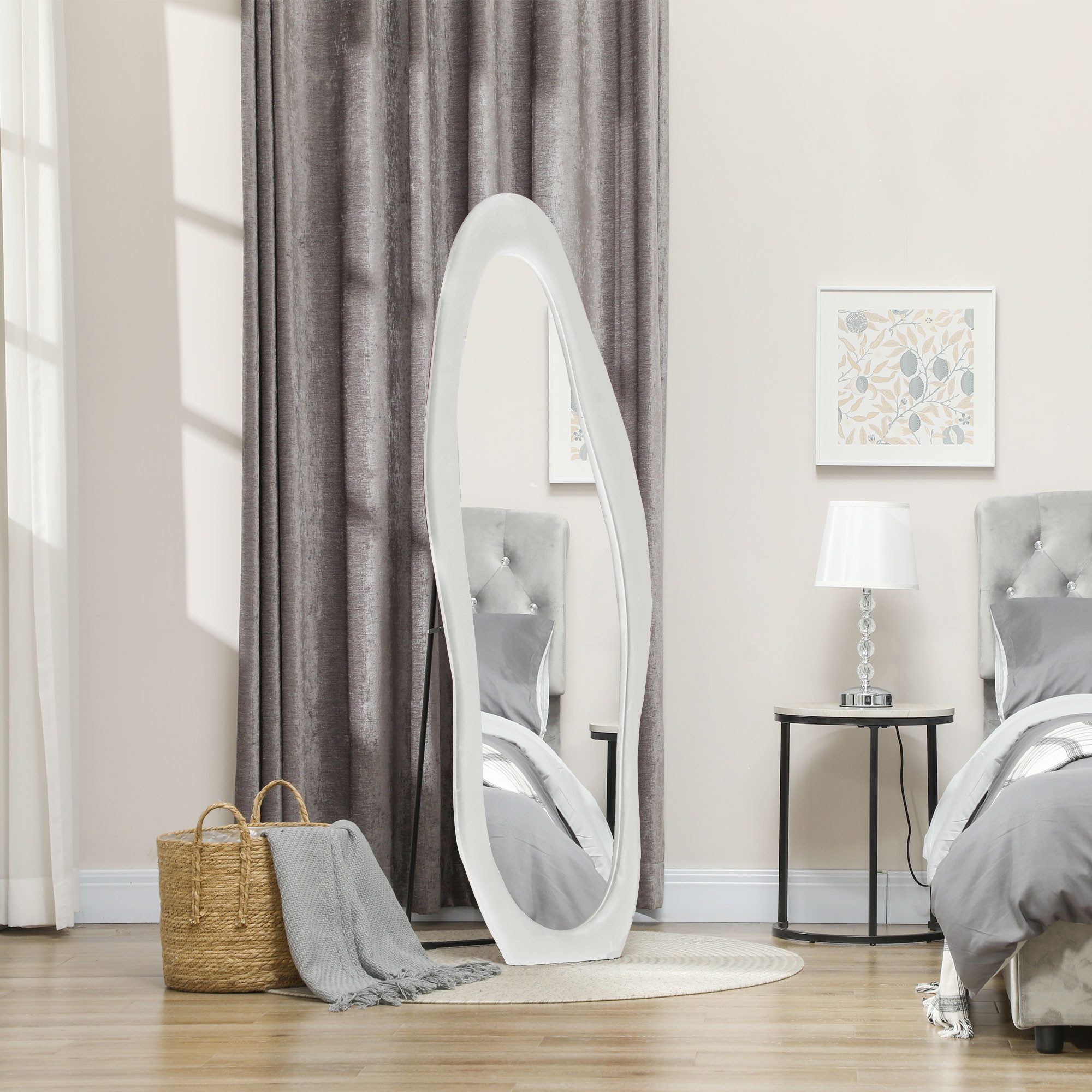 HOMCOM Standspiegel Flur Spiegel mit Samtbezug, Ankleidespiegel, Garderobe (Wandspiegel, 1-St., Ganzkörperspiegel), für Schlafzimmer, Wohnzimmer, Weiß