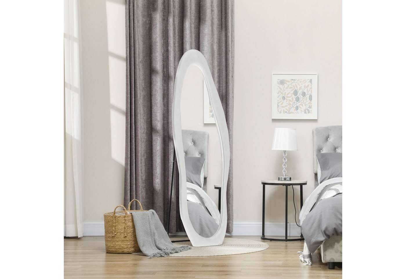 HOMCOM Standspiegel Flur Spiegel mit Samtbezug, Ankleidespiegel, Garderobe (Wandspiegel, 1-St., Ganzkörperspiegel), für Schlafzimmer, Wohnzimmer, Weiß