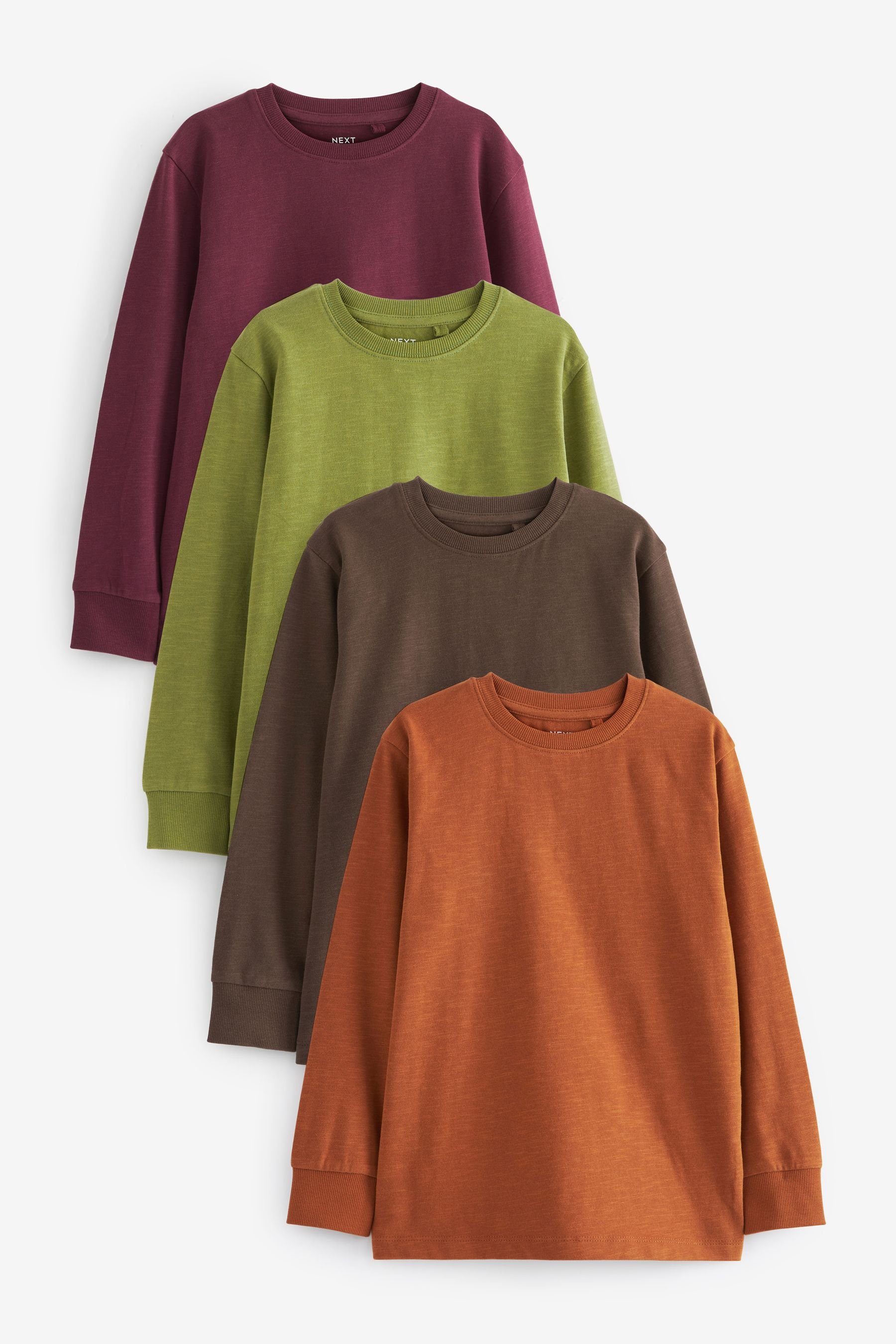 Next T-Shirt 4 x Langarmshirts (4-tlg) Red/Tan Green mit Chocolate Brown/Burgundy Hirschstickerei Brown/Moss