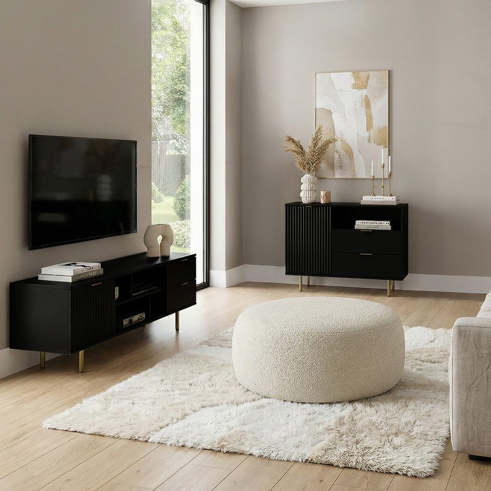 Lomadox Wohnzimmer-Set NADOR-132, (Mega-Spar-Set, 2-St., Lowboard Kommode), matt schwarz, goldfarbenen Metallgriffen und -füßen, Front Rillenoptik