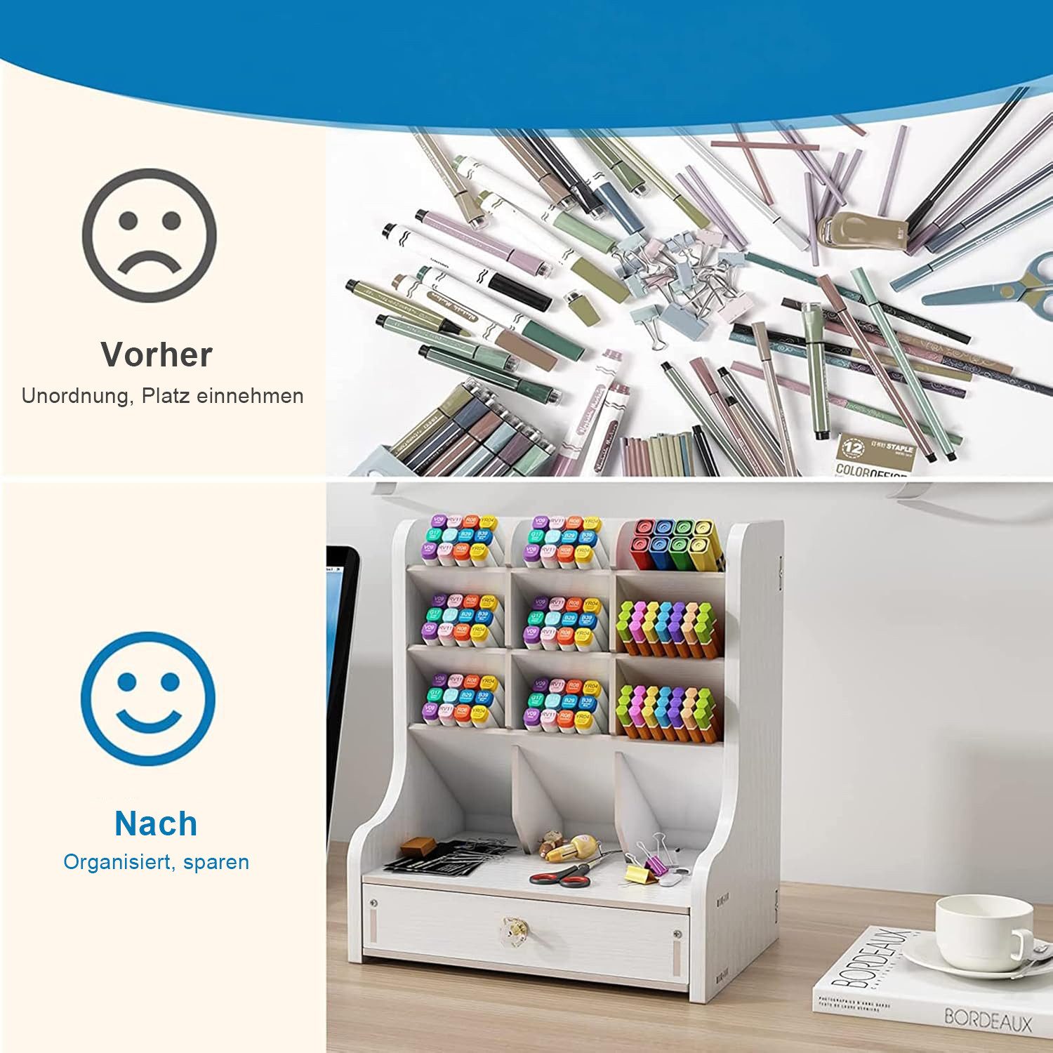 HAUSS SPOLE Organizer Schreibtisch mit Schubladen Organizer Make Up Organizer Stiftehalter (28x15x32 cm platzsparend und multifunktional, 1 St., 9x Kippfächer 6x Fächer mit flachem Boden 1x ausziehbare Schublade), Marker Halter für Büro Schule Kosmetik Aufbewahrung