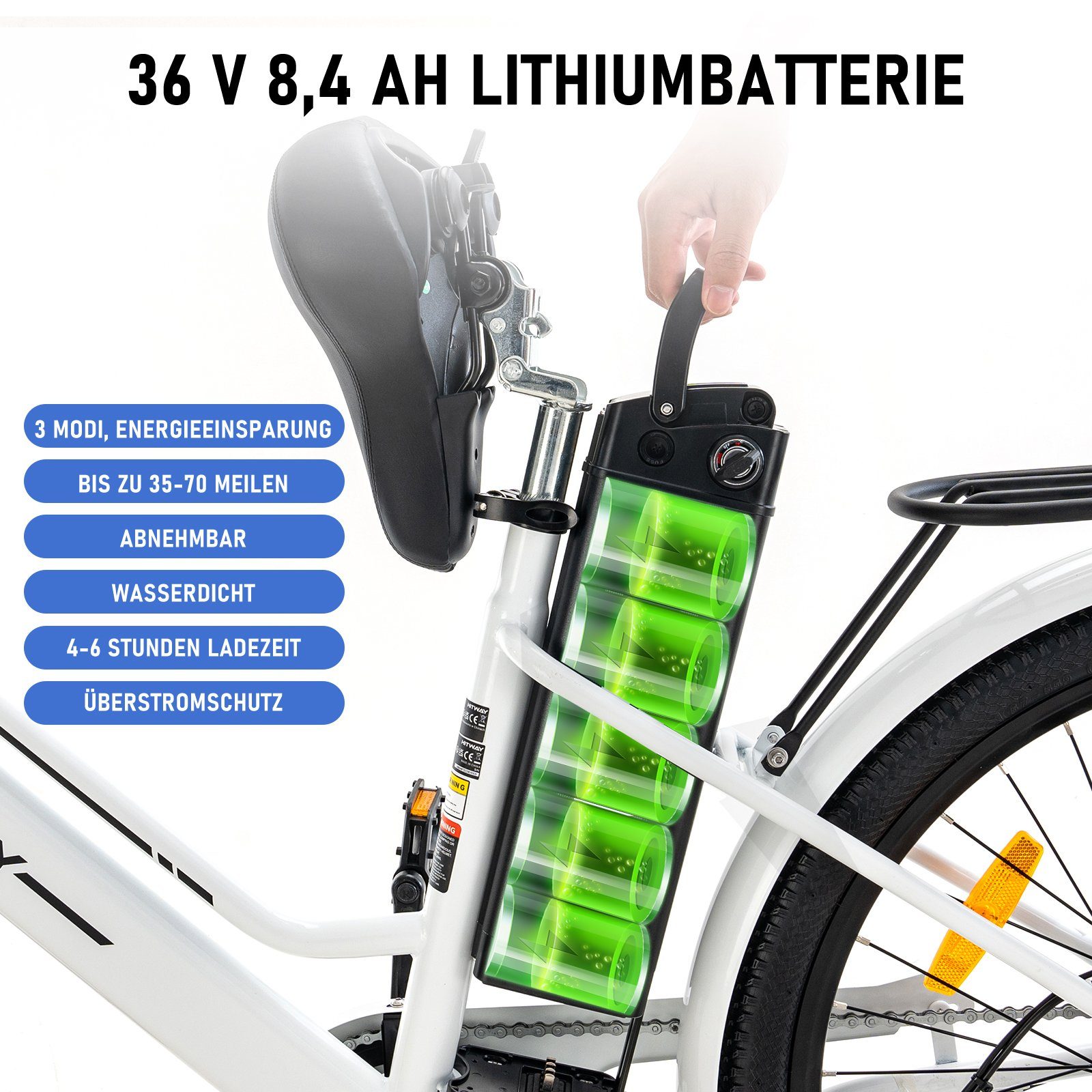 HITWAY E-Bike, 250W E-fahrräde 36V8.4AH Akku Abnehmbarer Weiß Hollandräder