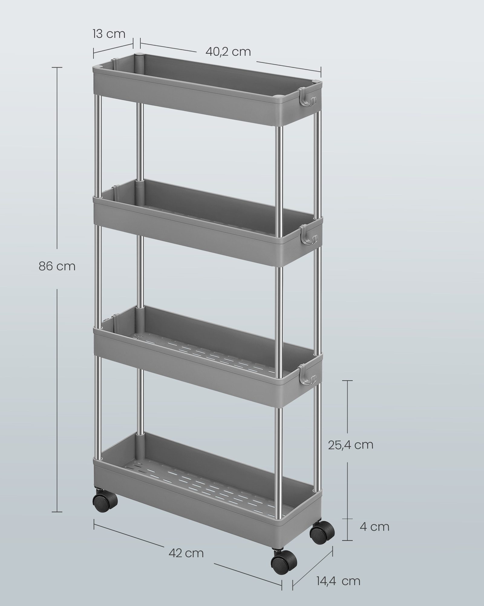 SONGMICS Beistellwagen Rollwagen, Küchenwagen, Küchenregal, Nischenregal, Bad, Küche, Büro, mit 6 Haken, 360° drehbare Räder, Stahlgestell, 3 Ebenen, taubengrau