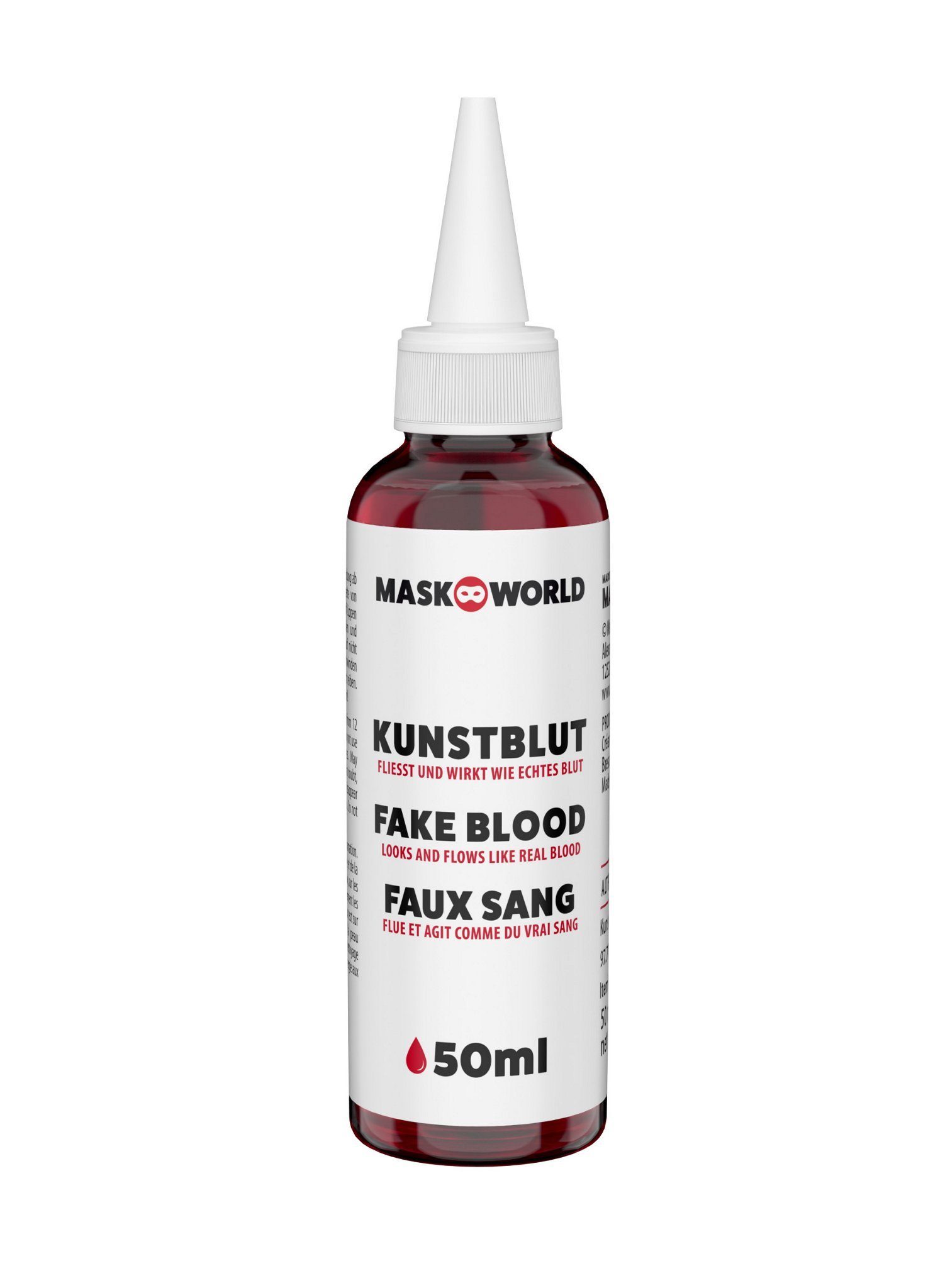 Maskworld Theaterschminke Kunstblut Flasche mit Dosierspitze 30 ml / 50 ml / (30-tlg), Fließt und wirkt wie echtes Blut – ideal für eine punktgenaue Anwe