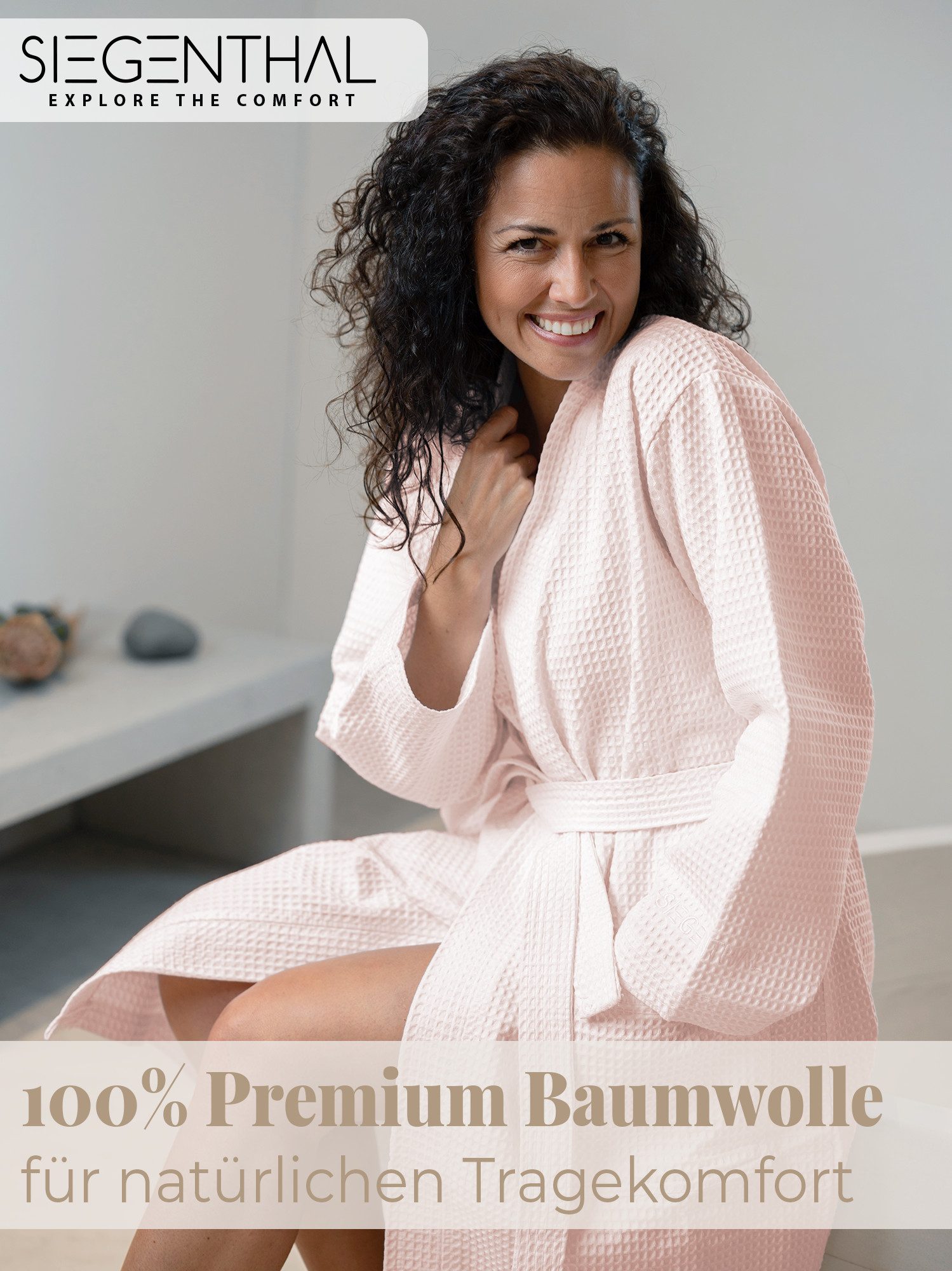 SIEGENTHAL Morgenmantel SIEGENTHAL® Damen Bademantel Waffelpique 100% Baumwolle Schalkragen, Schalkragen, elegante Gürtel, saugfähige Baumwolle, pflegeleicht und langlebig, praktische Taschen