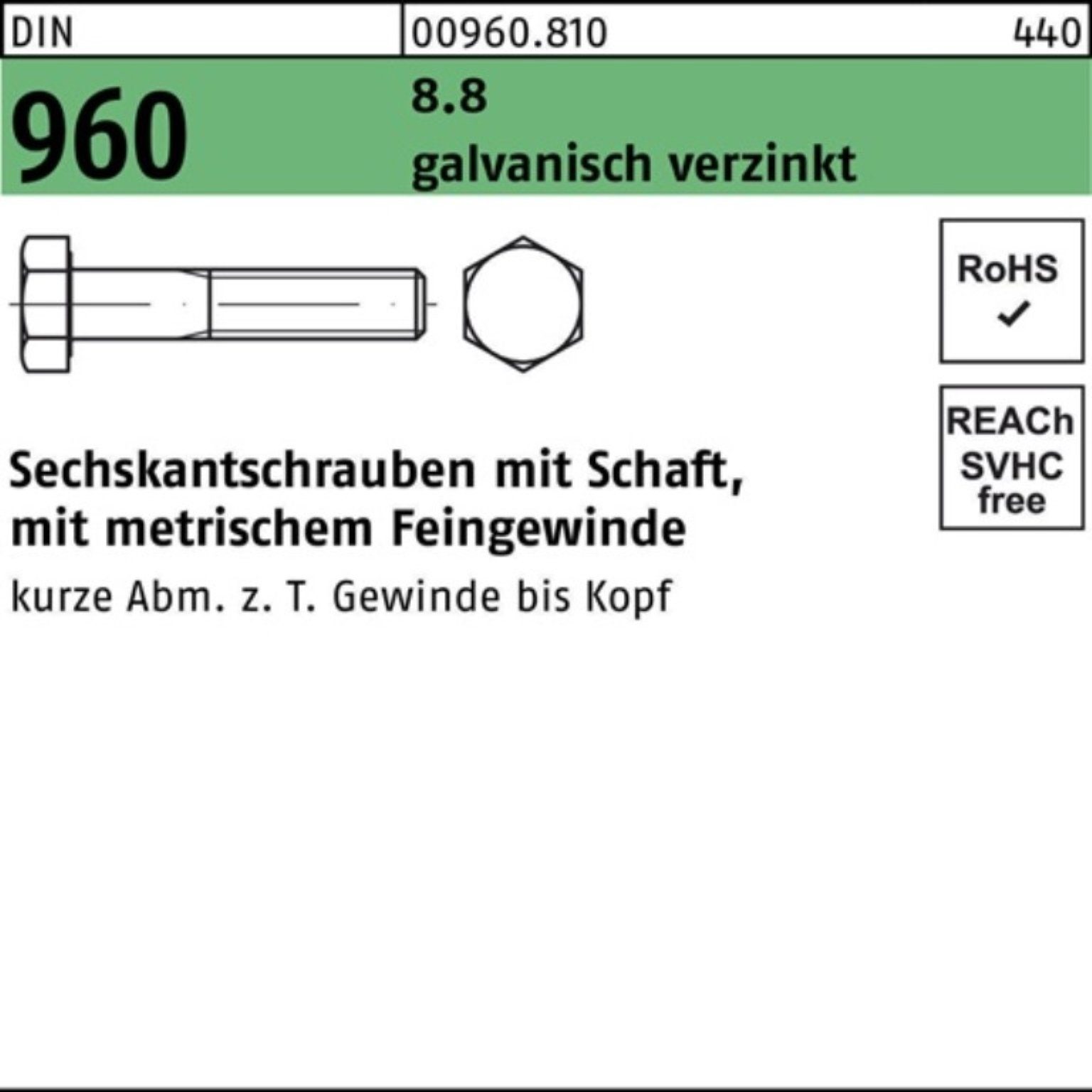 Schaft galv.verz. Sechskantschraube 960 8.8 DIN Pack 75 Reyher M20x1,5x 100er Sechskantschraube