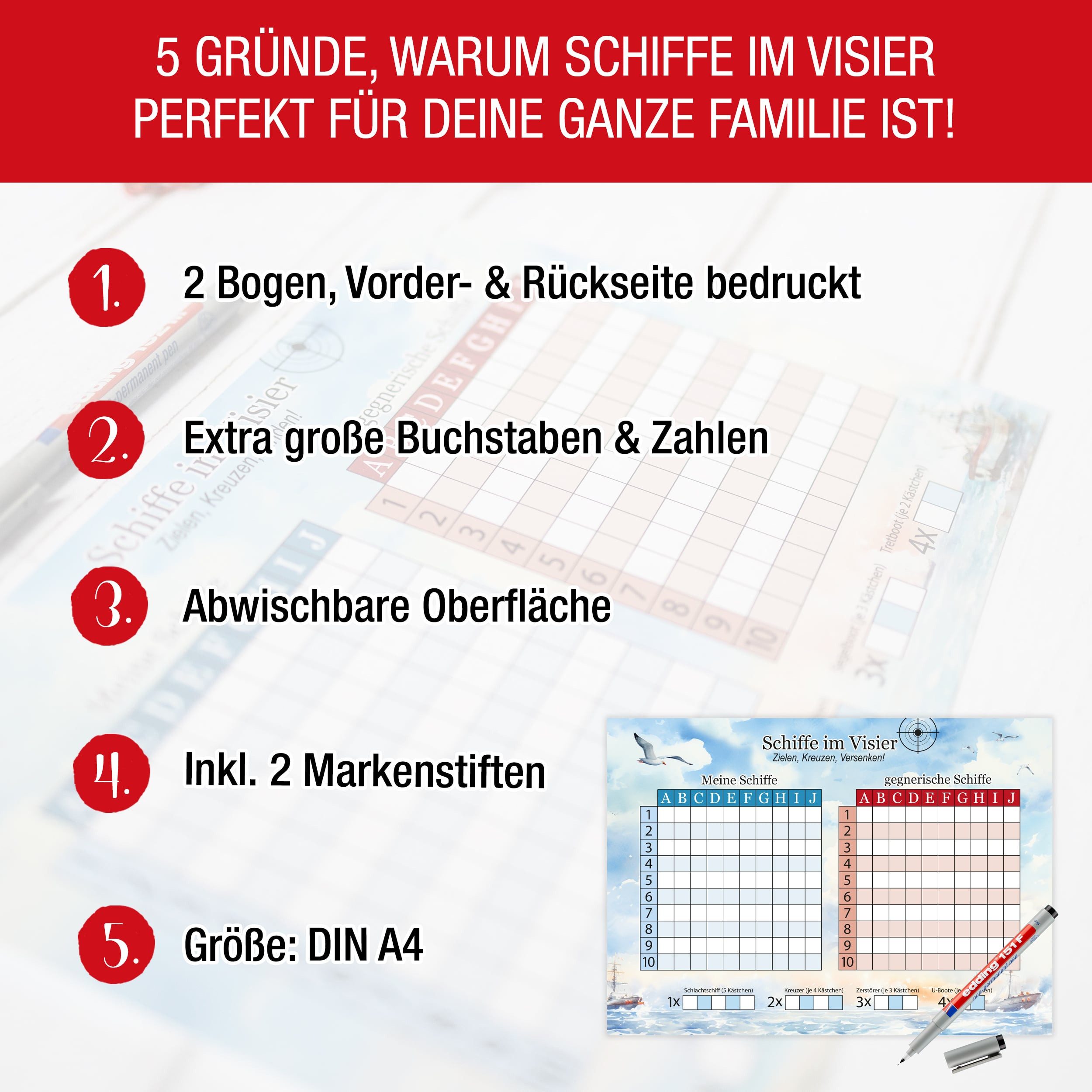TOBJA Spiel Schiffe versenken Spiel inkl. Stifte abwischbar, Strategiespiel, Flottenmanöver XL Senioren