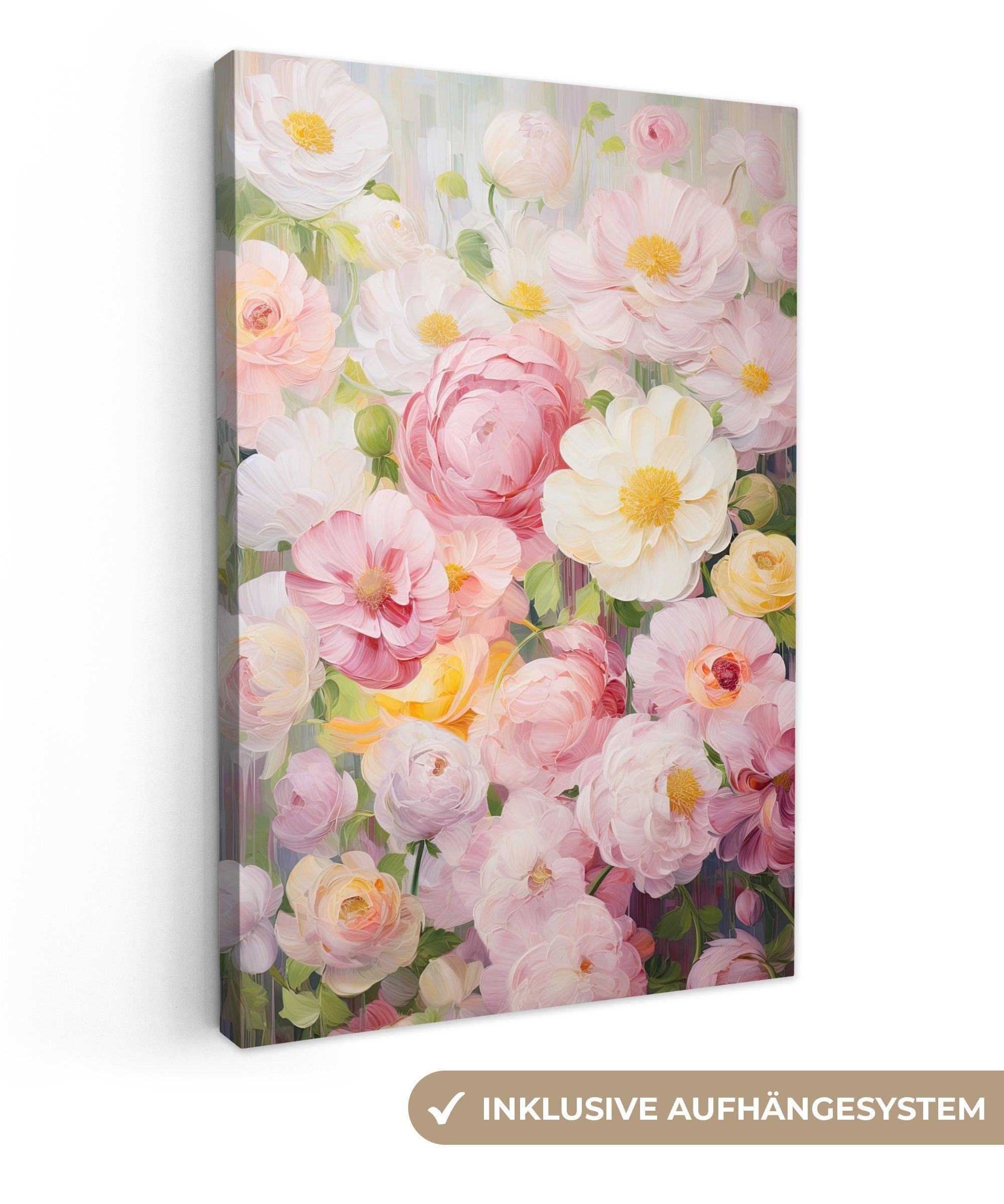 OneMillionCanvasses® Leinwandbild Blumen - Rosa - Botanisch - Kunst - Acrylfarbe, (1 St), Leinwandbild fertig bespannt inkl. Zackenaufhänger, Gemälde, 20x30 cm