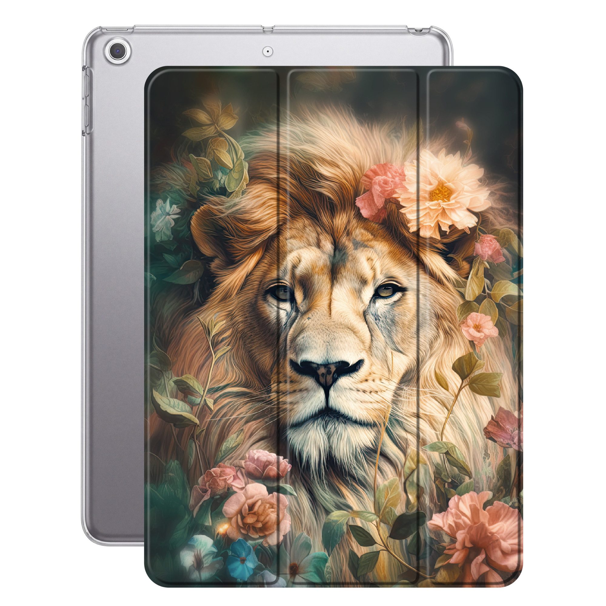 OnlyWow Tablet-Hülle Apple iPad Air 2 Löwe - Löwenkopf - Wilde Tiere - Blumen, Klapphülle, Dünn, Magnetisch, Design