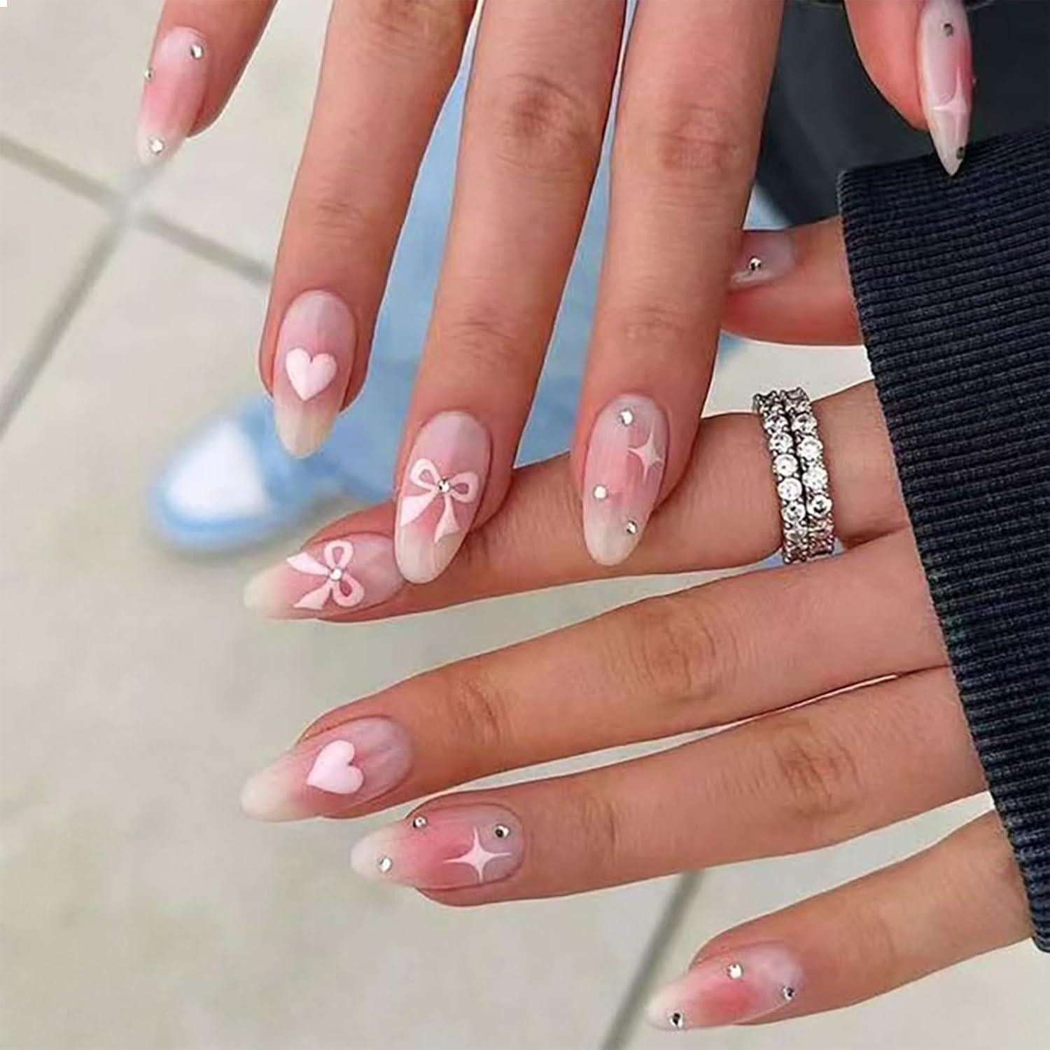 Kunstfingernägel 24 Stück Pink Love Herz Schleife Press on Nails Almond False Nails mit