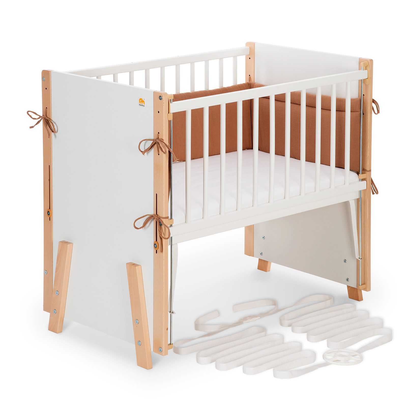 FabiMax Beistellbett Boxspring Vario Weiß / Natur, Stufenlose Höhenverstellung von 52 bis 83 cm, mit 2 in 1 Seitengitter