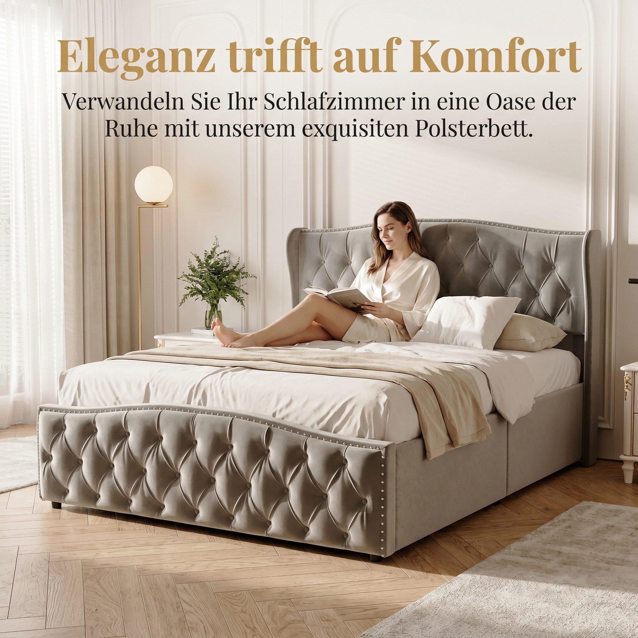 PXloue Polsterbett Hydraulisches Stauraumbett Doppelbett, mit Kopfteil und Lattenrost, Beige, Samt, 140x200 cm – Bild 3 von 5