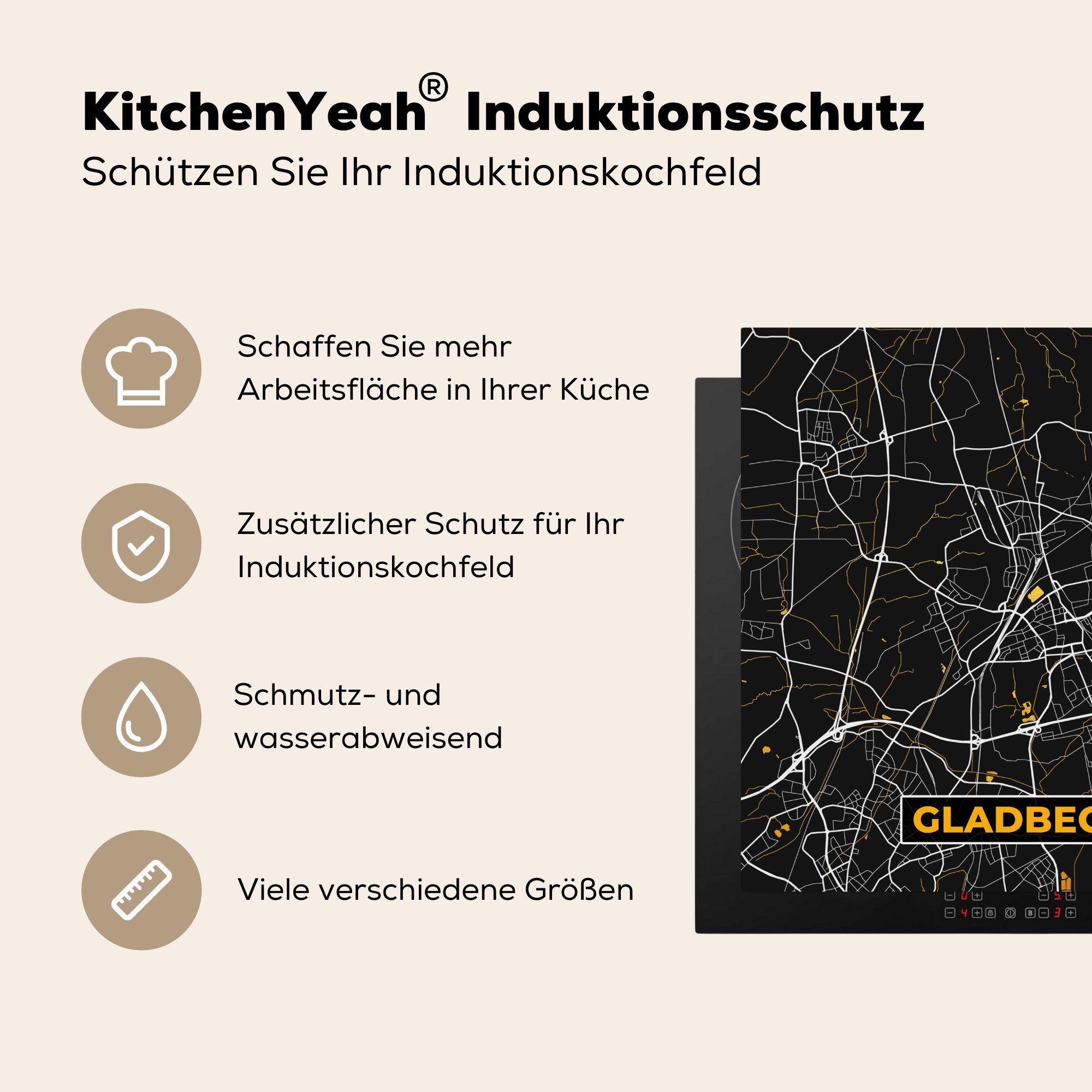 cm, - - MuchoWow (1 Deutschland Karte Ceranfeldabdeckung, 78x78 - für Gladbeck, tlg), Vinyl, - Herdblende-/Abdeckplatte Arbeitsplatte Stadtplan küche Gold