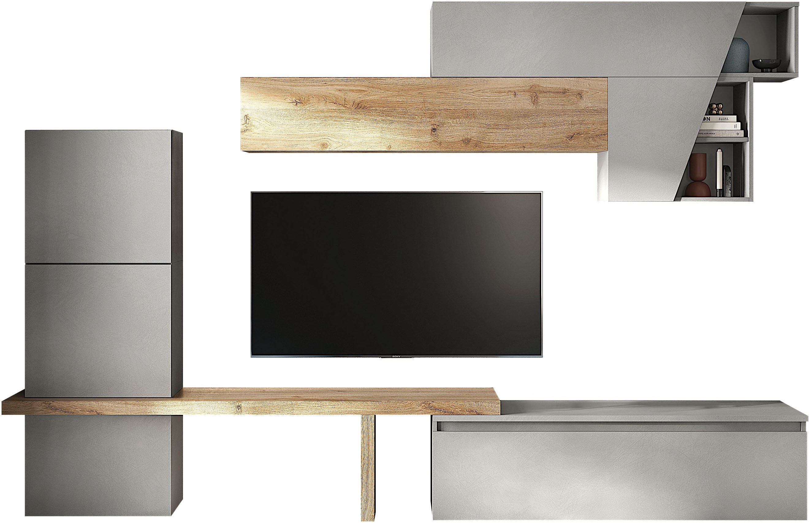 Home affaire Wohnwand Infinity, 8tlg. Breite 305 cm, moderne Mediawand, (8-St), T-Boden, 3x Hängewürfel, Würfel-Element, 2x Hängeschrank)