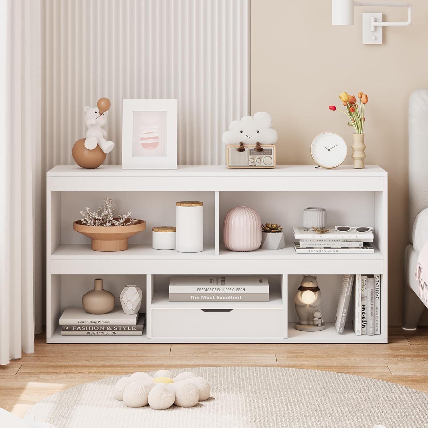 GarveeMore Kinderregal mit 6 Fächern,Holz-Aufbewahrungsschrank,120x30x61cm, Bücherregal Kinder,Standregal für Spielzeug und Bücher