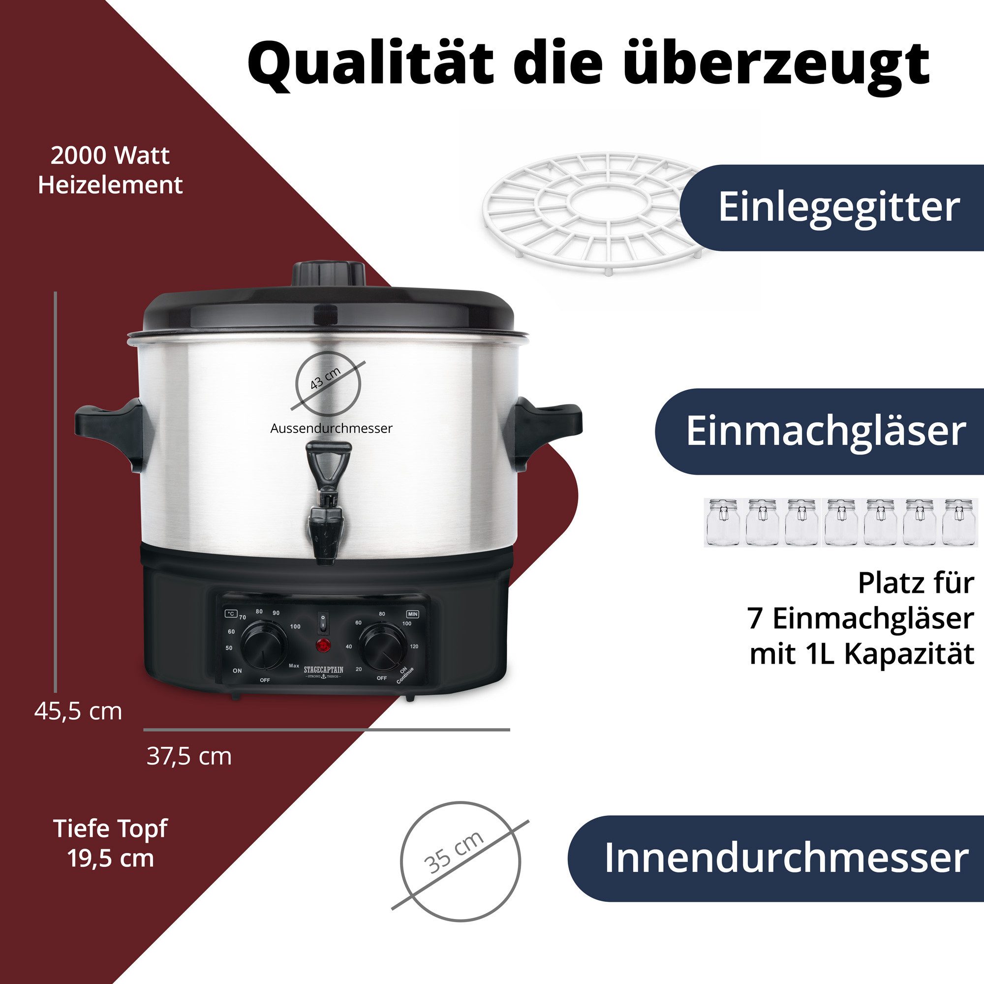 Stagecaptain Einkoch- und Glühweinautomat GWK-16A Glühweinkocher 16 L, 2000 W, Abschaltautomatik bei zu niedrigem Wasserstand