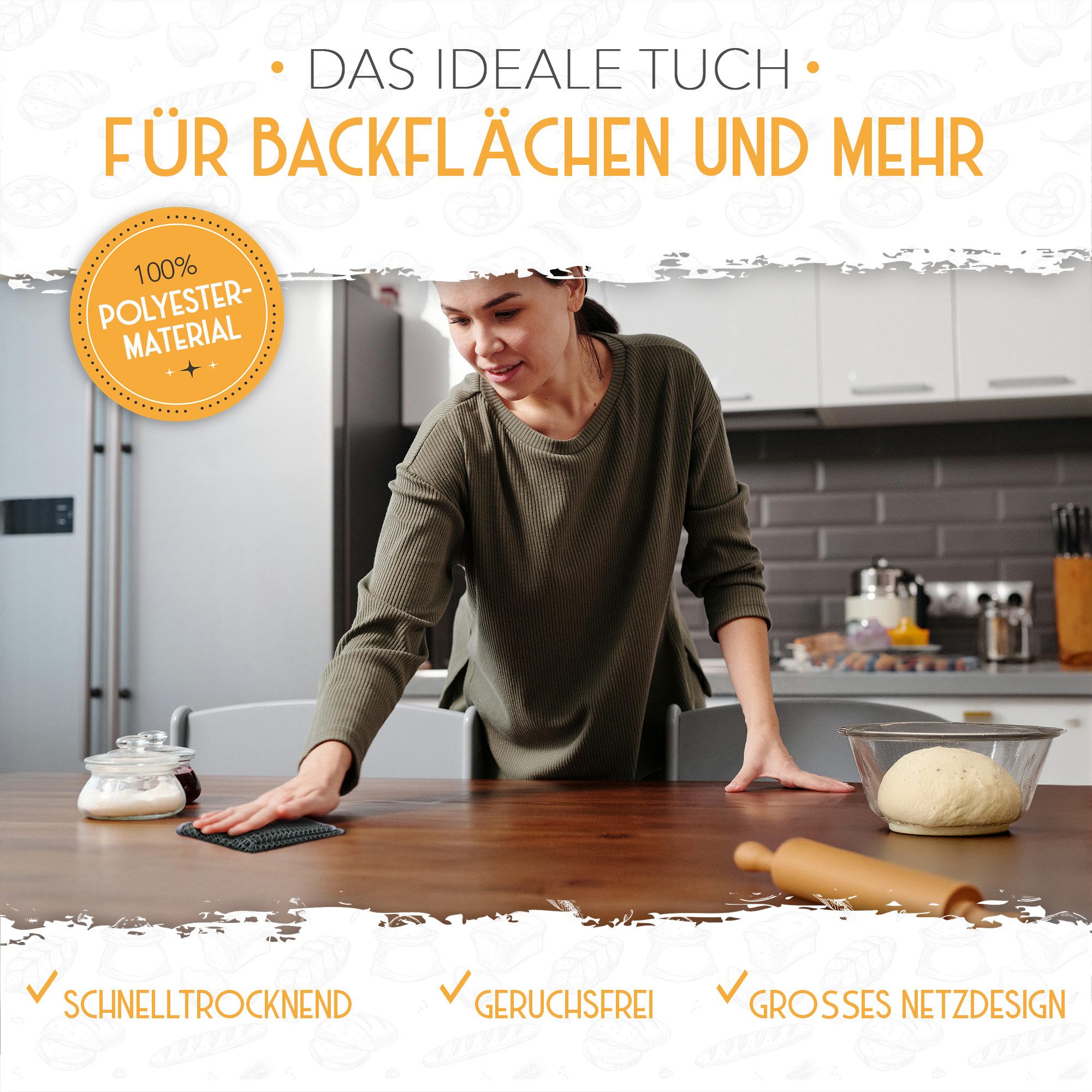 Krustenzauber Backmatte Zubehör - Brotschlingen, Schneebesen, Backmatte, Teig Reinigungstücher, 2x Teigreinigungstuch