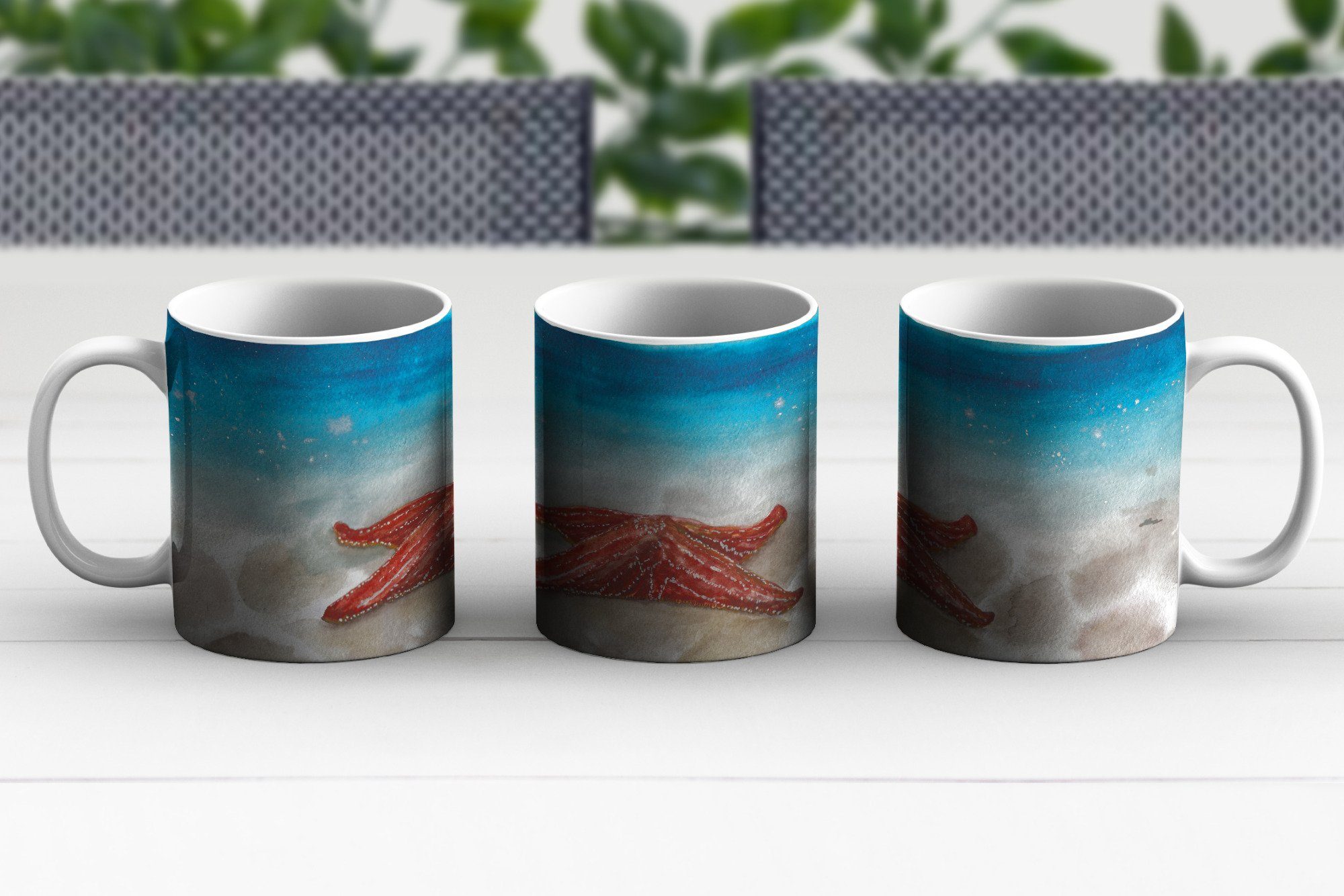 Geschenk Keramik, Tasse Meer, - Aquarell - Seestern Kaffeetassen, Teetasse, MuchoWow Teetasse, Becher,