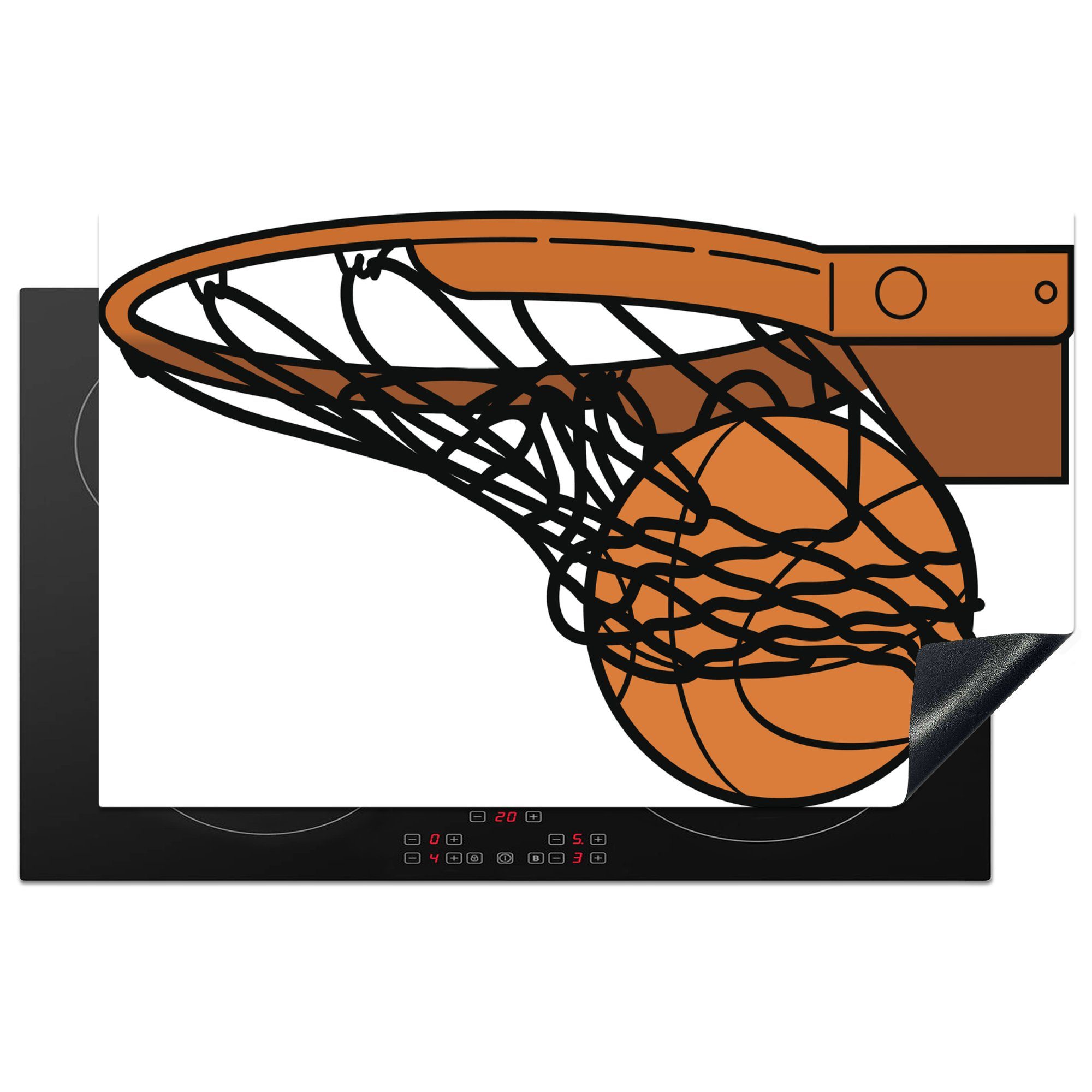 MuchoWow Herdblende-/Abdeckplatte Eine Illustration des Basketballs im Netz, Vinyl, (1 tlg), 83x51 cm, Ceranfeldabdeckung, Arbeitsplatte für küche