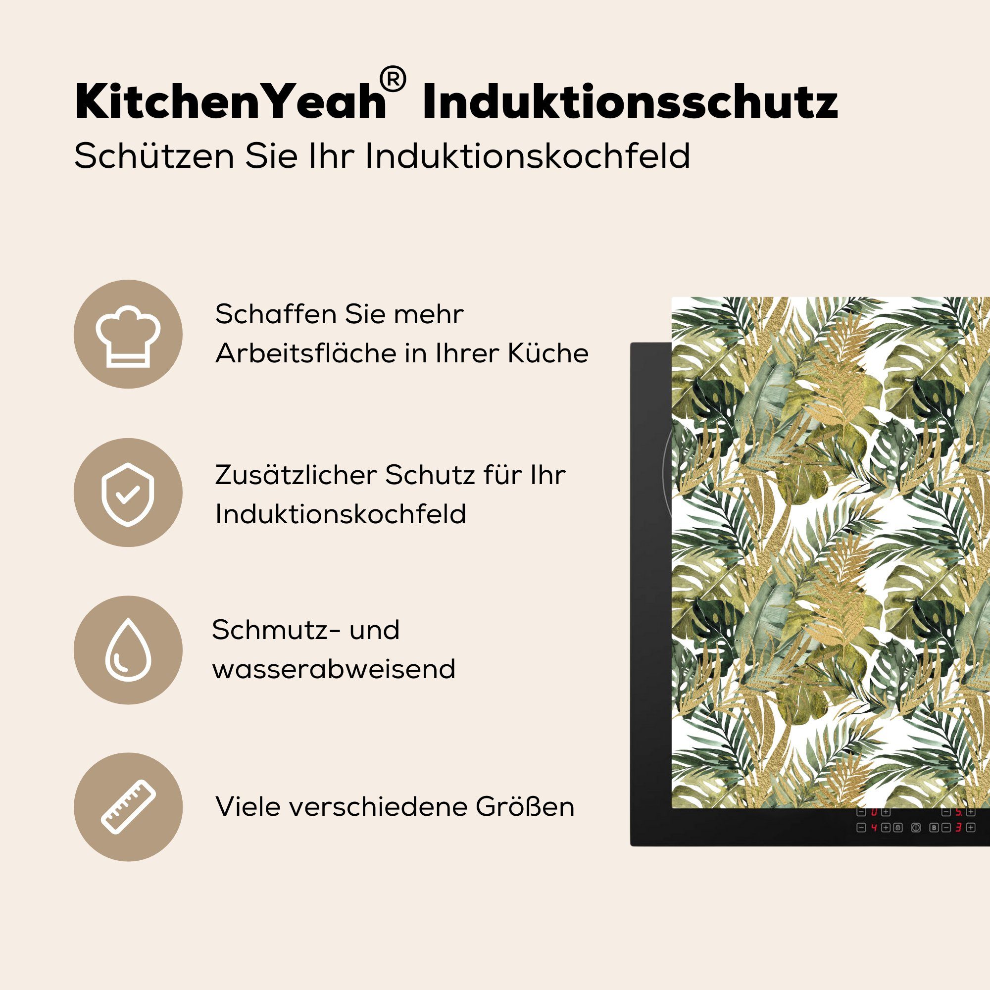 MuchoWow Herdblende-/Abdeckplatte Tropisch - Grün 78x78 (1 Vinyl, - tlg), für Blatt, Ceranfeldabdeckung, cm, Arbeitsplatte küche