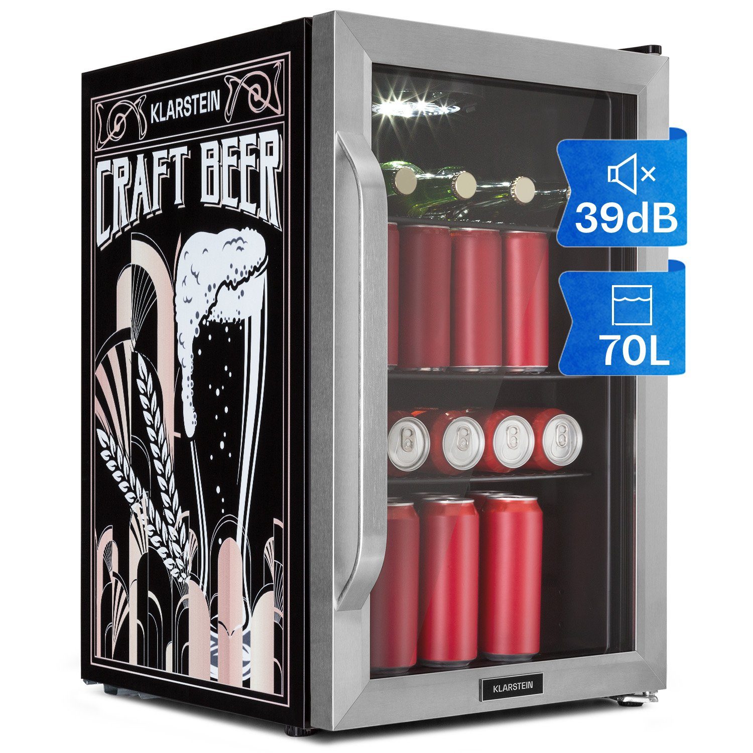 Klarstein Getränkekühlschrank HEA13-CraftBeer-SS 10041181, Bierkühlschrank 43 breit, mit Silber Getränkekühlschrank hoch, cm 67 Flaschenkühlschrank cm Glastür