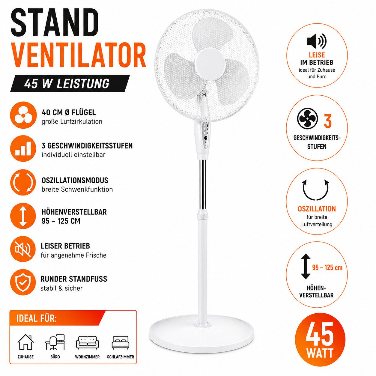 Ertex Standventilator Ventilator Standventilator 45W, 40 cm, Höhe 125 cm, Weiß RUNDFUSS