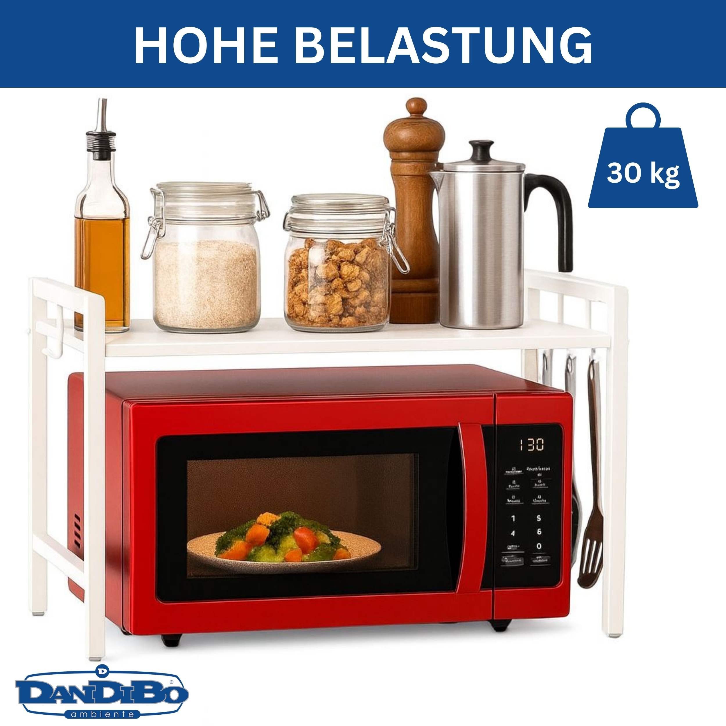DanDiBo Küchenregal Verstellbares Mikrowellenregal Weiß 2 - 3 Stufig 40-64 cm Regal, Stehend Mikrowellenständer Küchenregal Weiß für die Küche – Bild 4 von 5