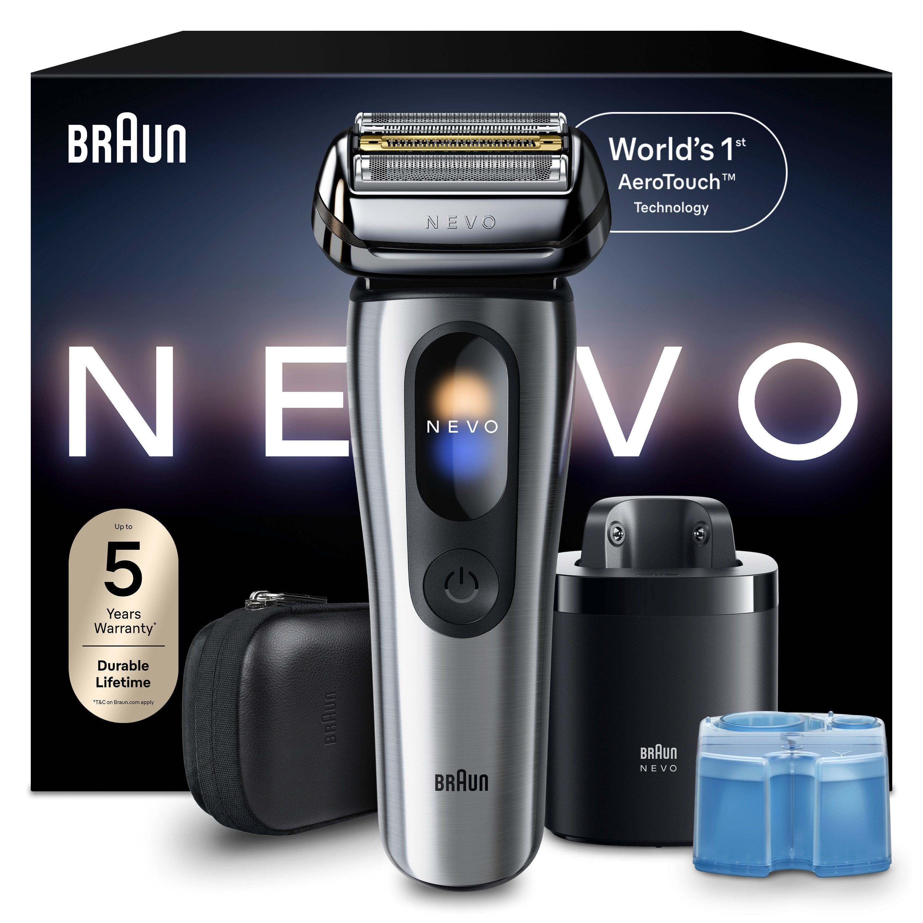 Braun Elektrorasierer NEVO 15000cc, SmartClean-Plus-Reinigungsstation, integrierter Präzisionstrimmer, AeroTouch, Smart Display, 7-in-1 Care System, Reiseetui, Silber