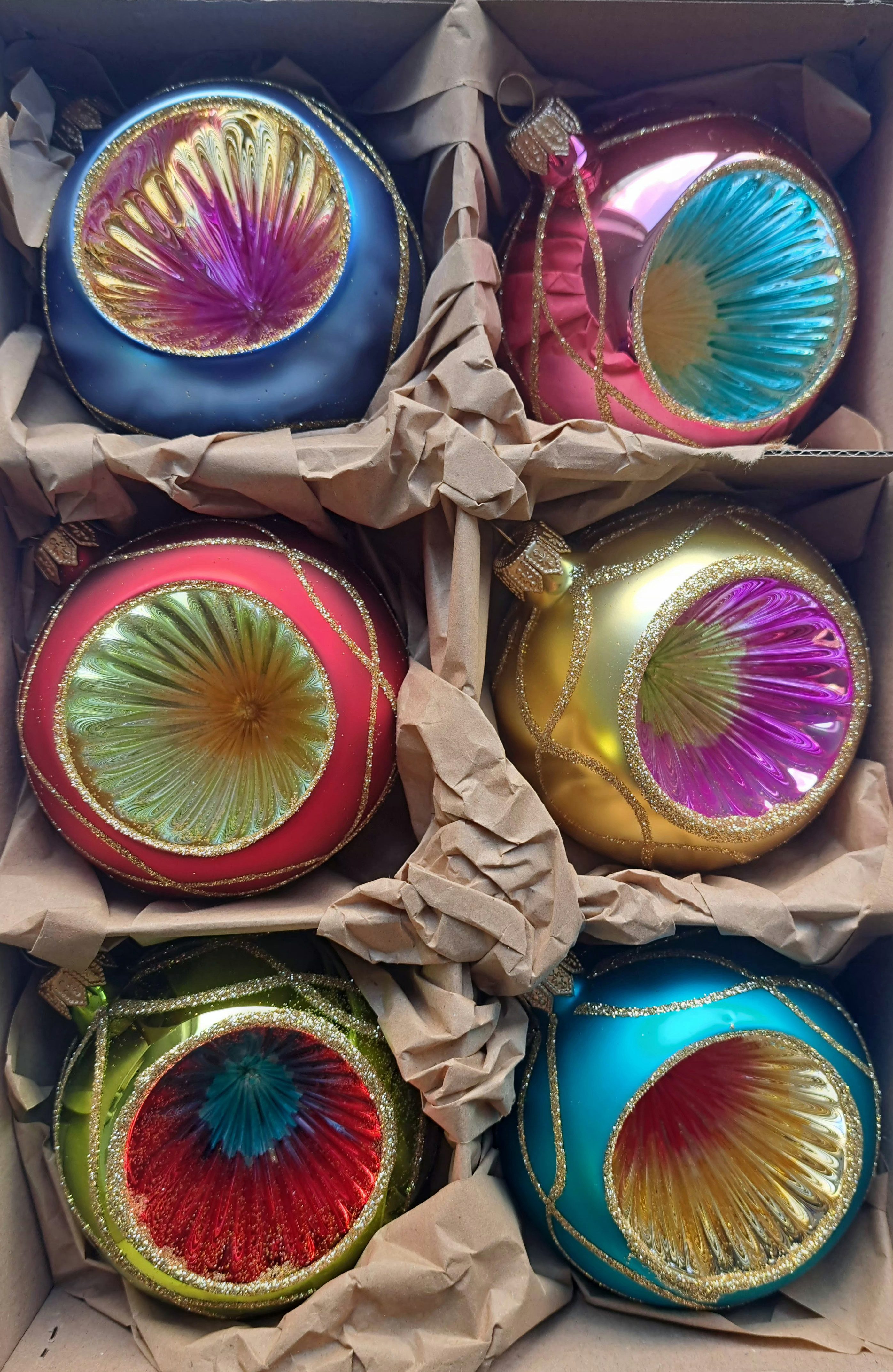 Nostalgie Christbaumschmuck Thüringen Christbaumschmuck Reflexkugeln, total bunt, mit Dekor, 2 wunderschöne Varianten/ Größen, mundgeblasen, handdekoriert