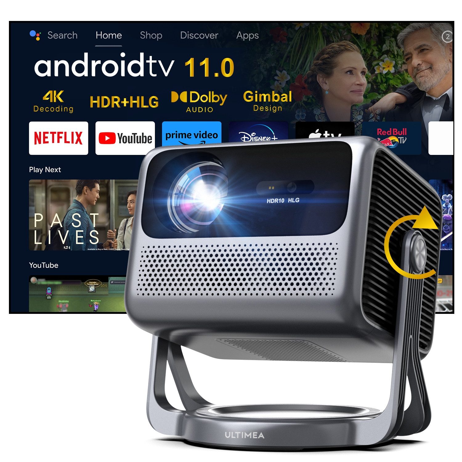 Ultimea Nova C40 Smart Projektor Andriod TV 11, 5G+2.4G WiFi, BT 5, LCD-Beamer (1920 x 1080 px, 600 ANSI-Lumen, Dolby Audio, 90° Gimbal Design, 4K Heimkino)