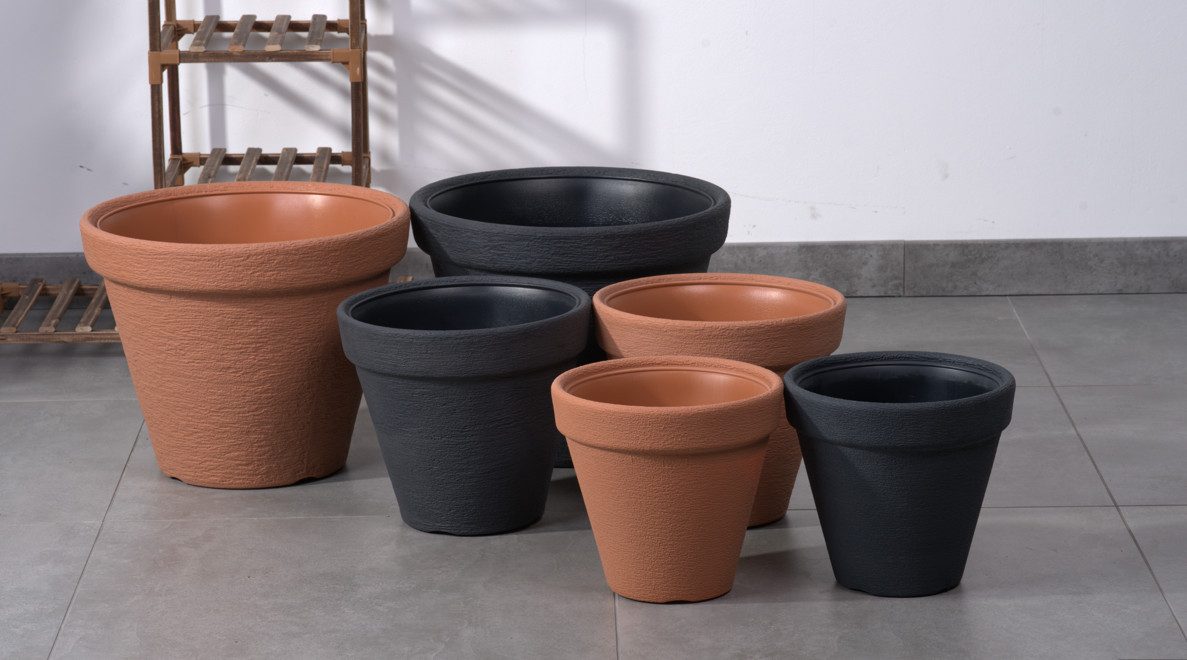 KONZEPT Übertopf aus Kunststoff in Stein-Optik für Zimmerpflanzen Geprägtem Rand, UV-& frostbeständig, Leicht & Robust, für Zimmerpflanzen sowie Balkon