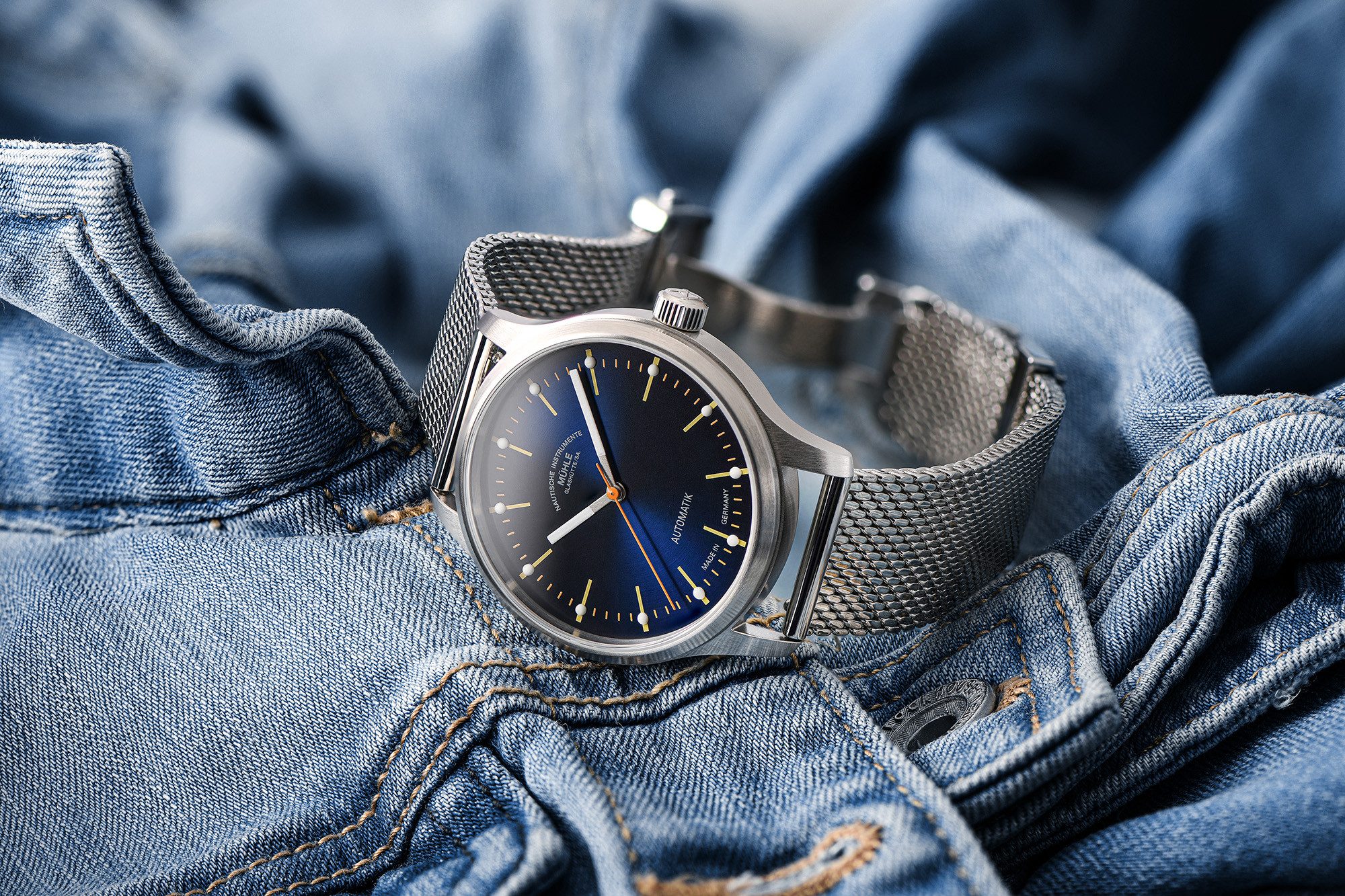 Nautische Instrumente Mühle Glashütte/Sa. Automatikuhr Herrenuhr Mühle Glashütte Panova Blau mit Edelstahlarmband