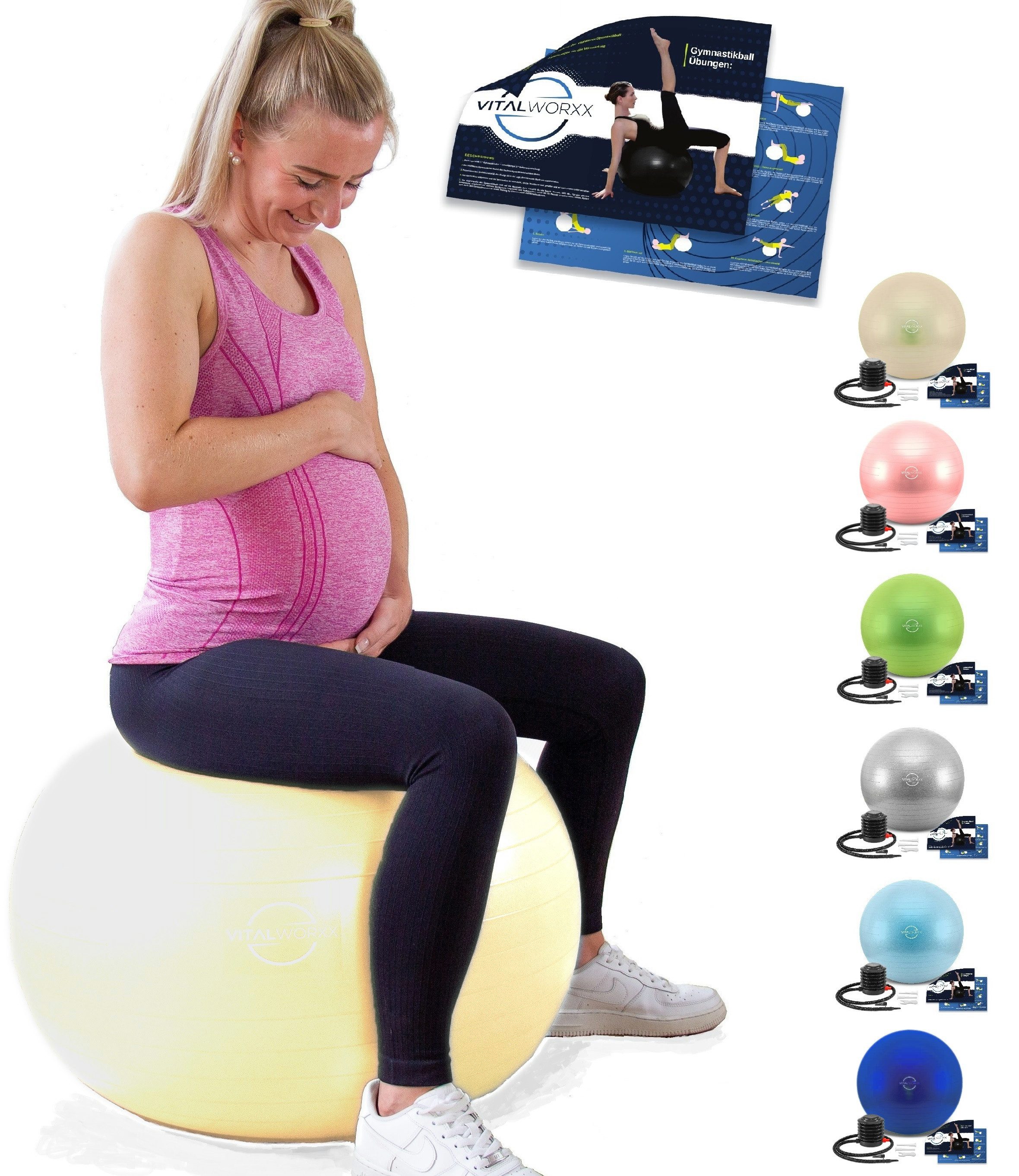 VITALWORXX Gymnastikball VITALWORXX Gymnastikball für Schwangere, extrem stabil, mit Pumpe, Hohe Materialstärke, Anti-Burst-System