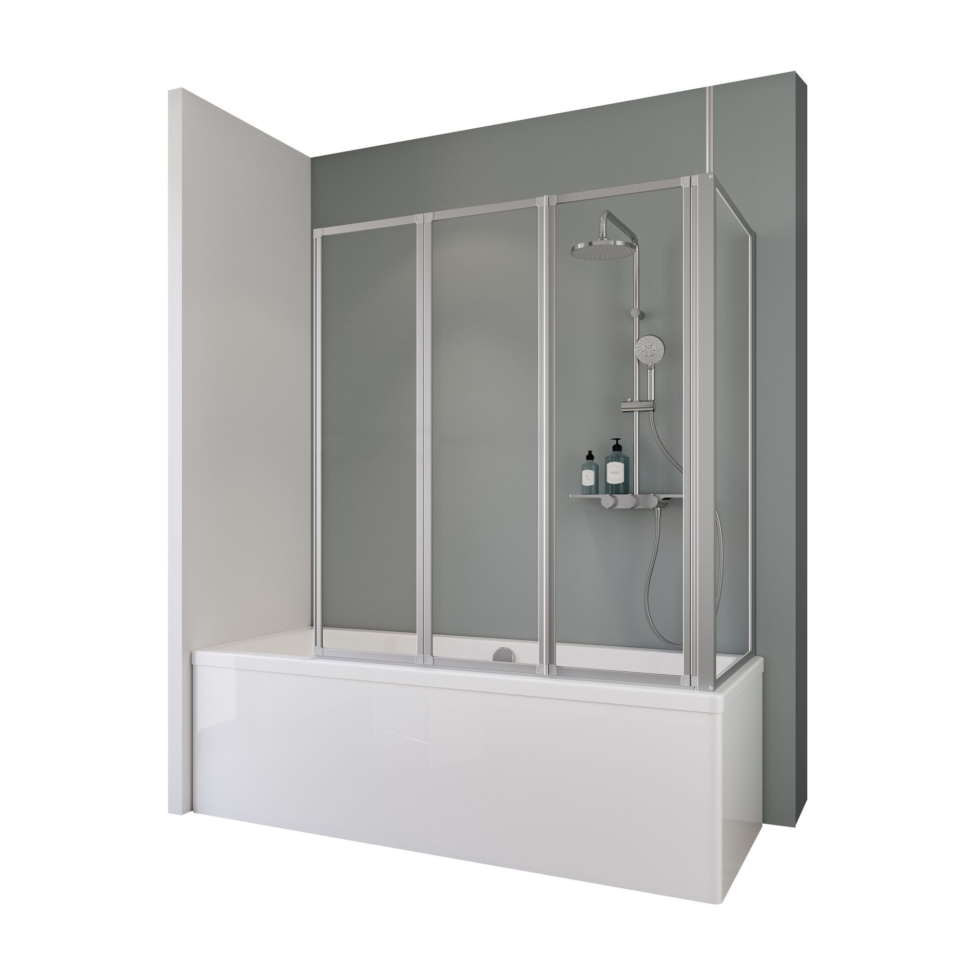 Schulte Badewannenfaltwand Well, Glas, 129x140 cm, 3 tlg + Festelement, Klar, Alu-Natur, 3 mm Sicherheitsglas